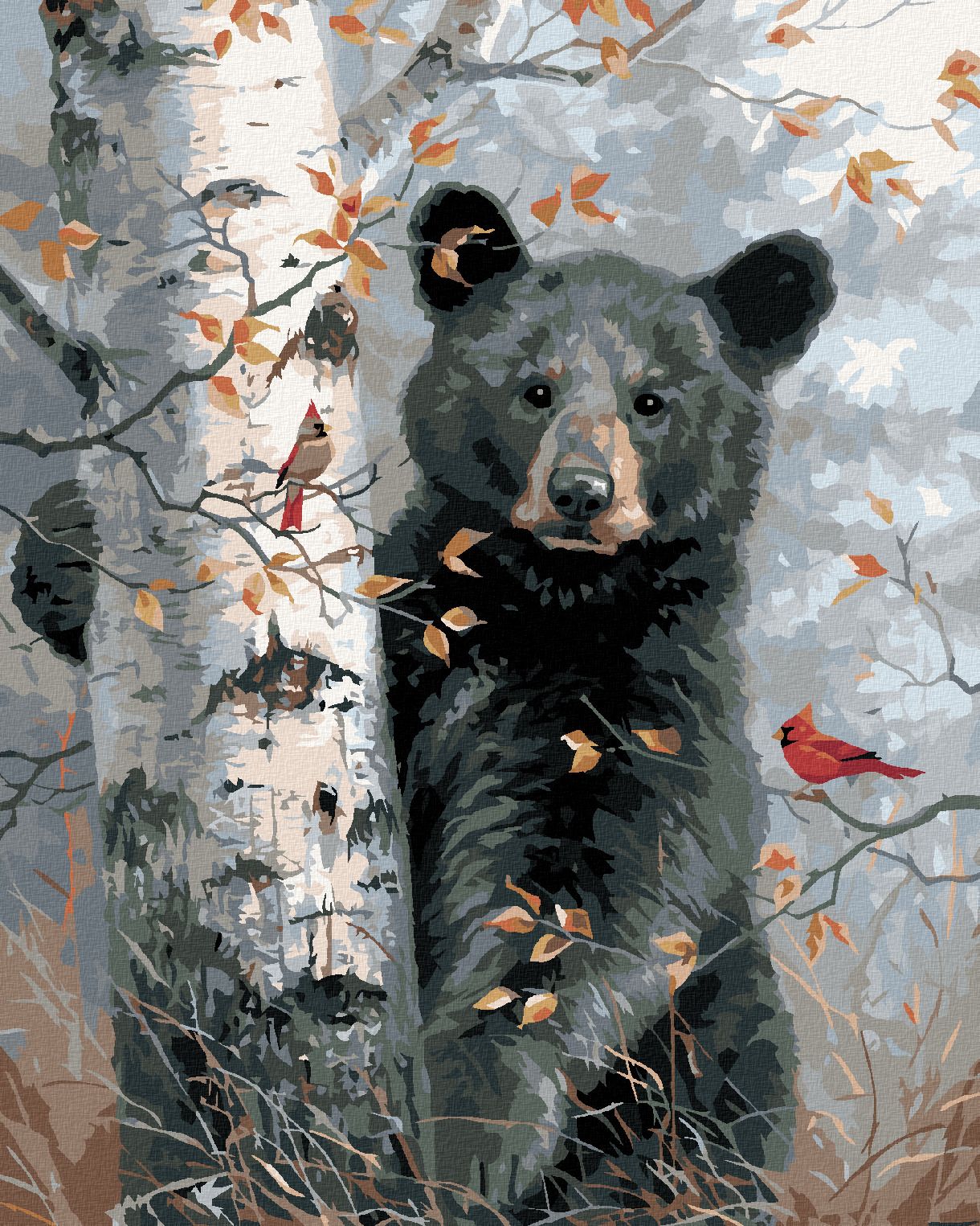 zuty Malování podle čísel - MLÁDĚ MEDVĚDA, PTÁK KARDINÁL A BŘÍZA NA PODZIM (ABRAHAM HUNTER) - Rozměr: 40x50 cm, Rámování: Varianta: vypnuté plátno na rám - obrázek 1