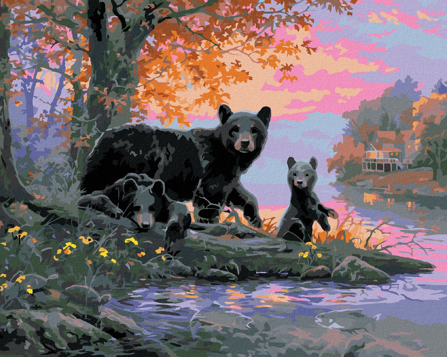 zuty Malování podle čísel - ZÁPAD SLUNCE, MEDVĚD S MLÁĎATY A JEZERO (ABRAHAM HUNTER) - Rozměr: 40x50 cm, Rámování: Varianta: vypnuté plátno na rám - obrázek 1
