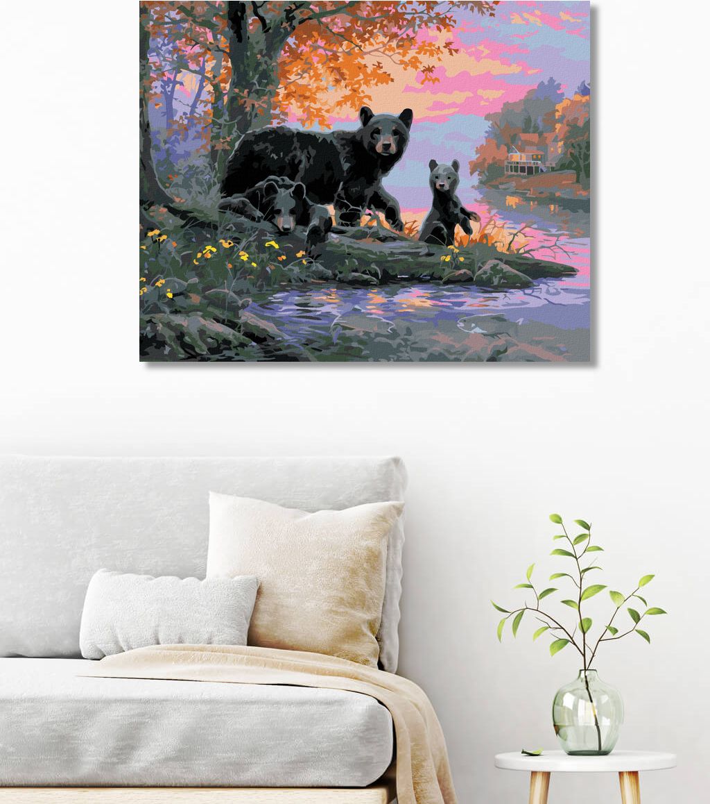 zuty Malování podle čísel - ZÁPAD SLUNCE, MEDVĚD S MLÁĎATY A JEZERO (ABRAHAM HUNTER) - Rozměr: 40x50 cm, Rámování: Varianta: vypnuté plátno na rám - obrázek 4