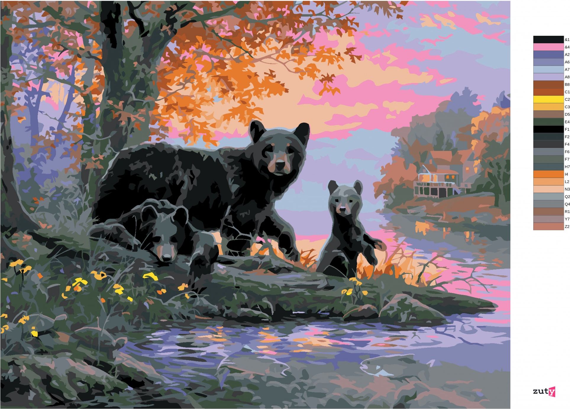 zuty Malování podle čísel - ZÁPAD SLUNCE, MEDVĚD S MLÁĎATY A JEZERO (ABRAHAM HUNTER) - Rozměr: 40x50 cm, Rámování: Varianta: vypnuté plátno na rám - obrázek 5