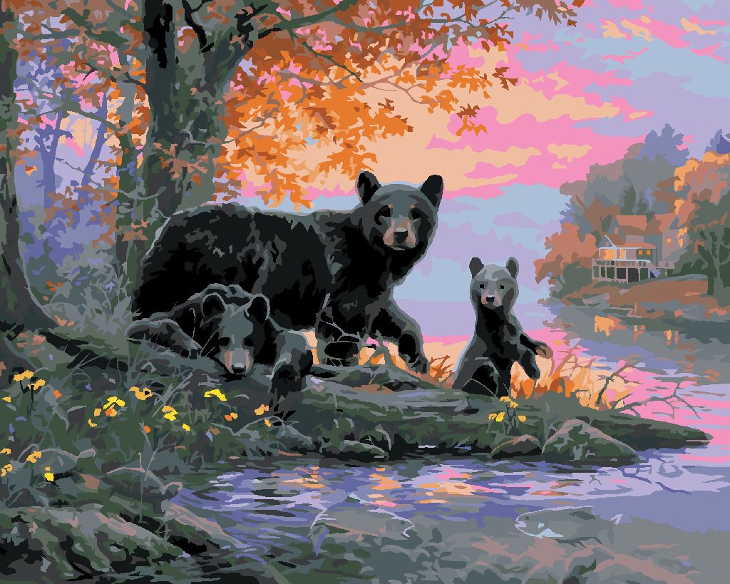 zuty Malování podle čísel - ZÁPAD SLUNCE, MEDVĚD S MLÁĎATY A JEZERO (ABRAHAM HUNTER) - Rozměr: 40x50 cm, Rámování: Varianta: vypnuté plátno na rám - obrázek 10