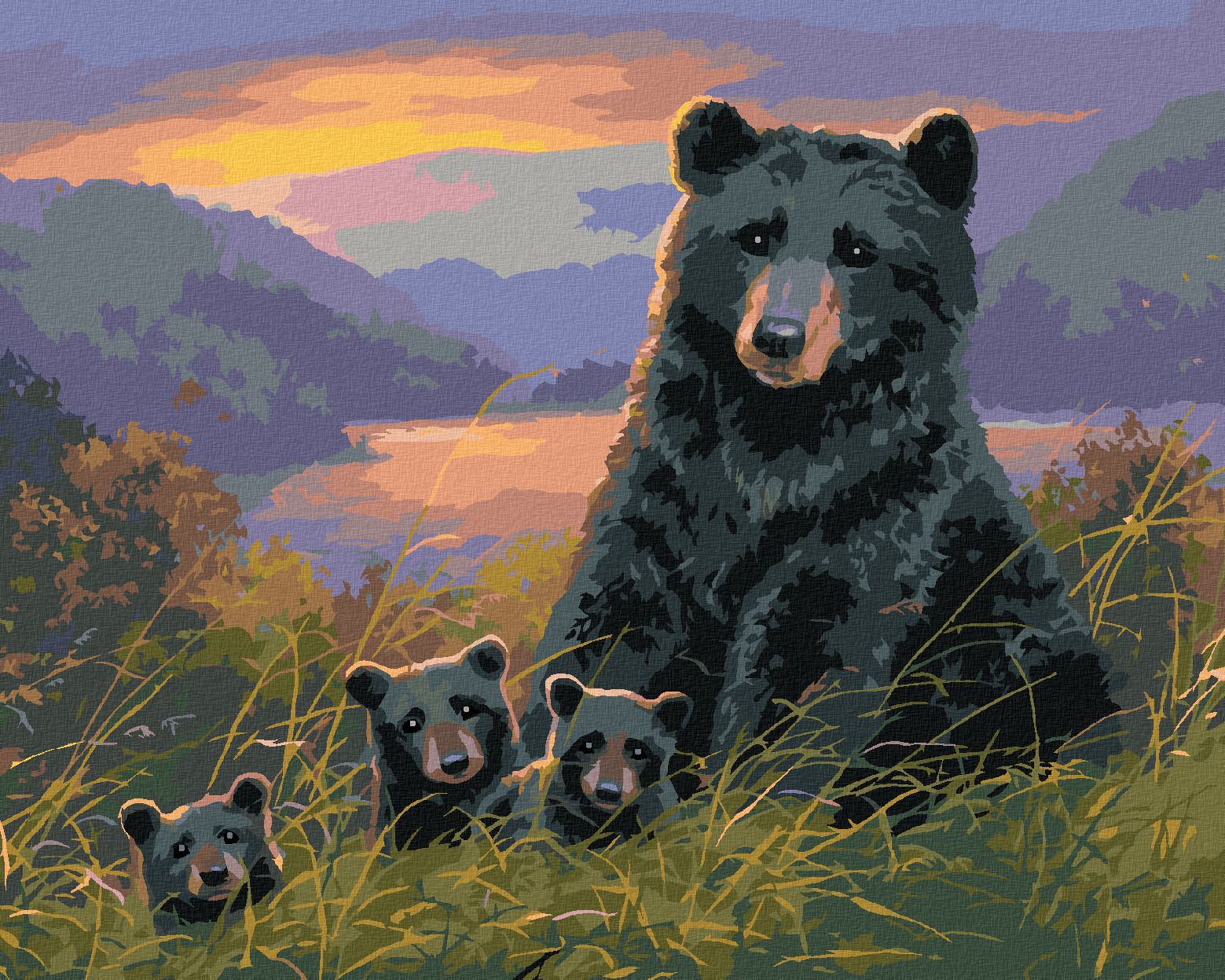 zuty Malování podle čísel - MEDVĚD S MLÁĎATY A ZÁPAD SLUNCE (ABRAHAM HUNTER) - Rozměr: 40x50 cm, Rámování: Varianta: bez rámu a bez vypnutí plátna - obrázek 1