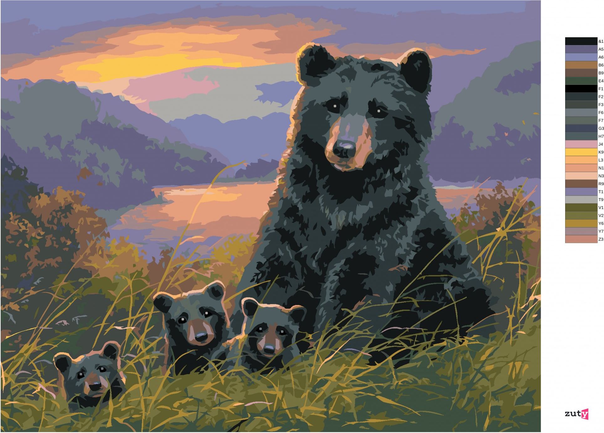 zuty Malování podle čísel - MEDVĚD S MLÁĎATY A ZÁPAD SLUNCE (ABRAHAM HUNTER) - Rozměr: 40x50 cm, Rámování: Varianta: bez rámu a bez vypnutí plátna - obrázek 4