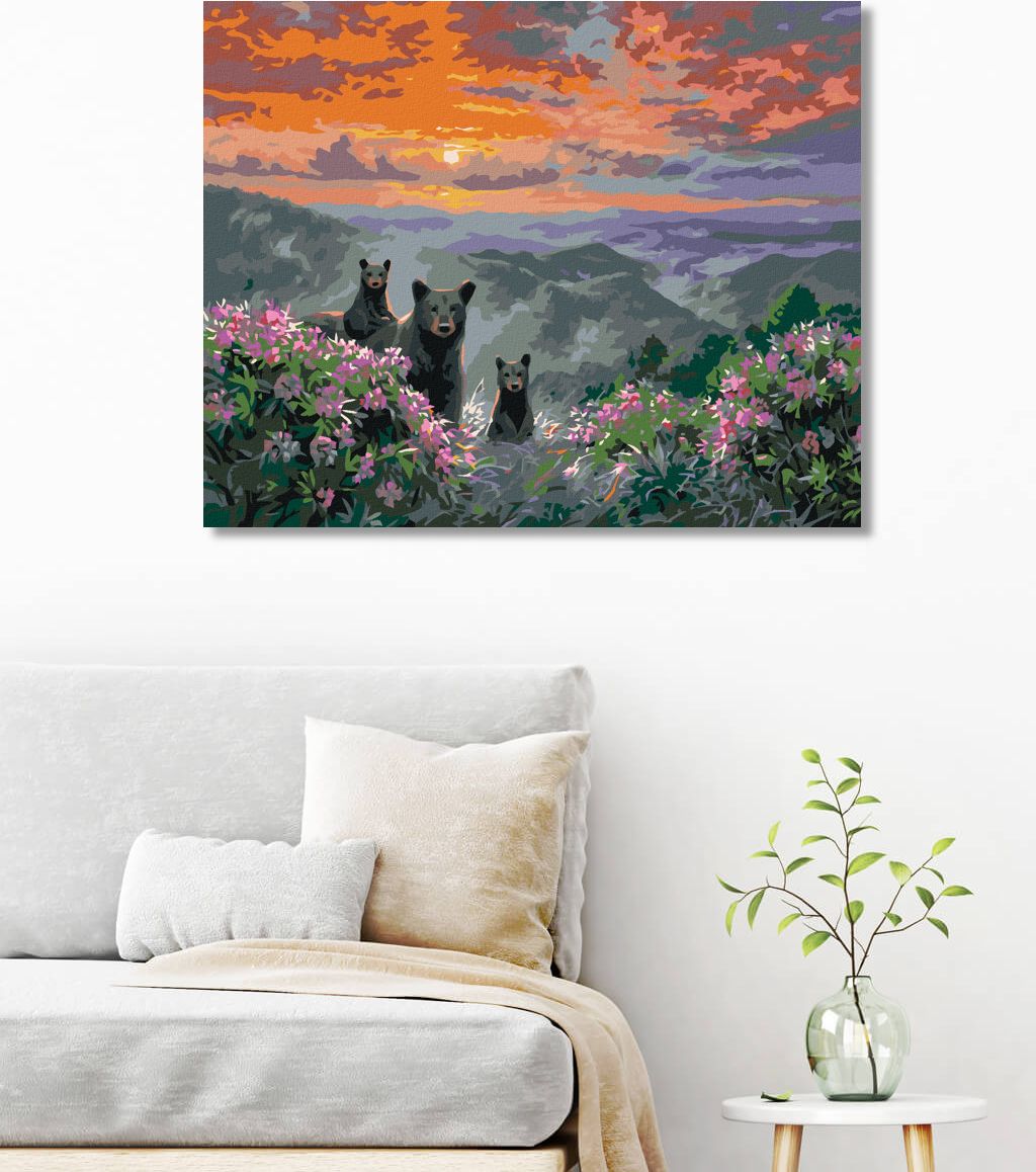 zuty Malování podle čísel - ZÁPAD SLUNCE A MEDVĚD S MLÁĎATY V HORÁCH (ABRAHAM HUNTER) - Rozměr: 40x50 cm, Rámování: Varianta: bez rámu a bez vypnutí plátna - obrázek 3