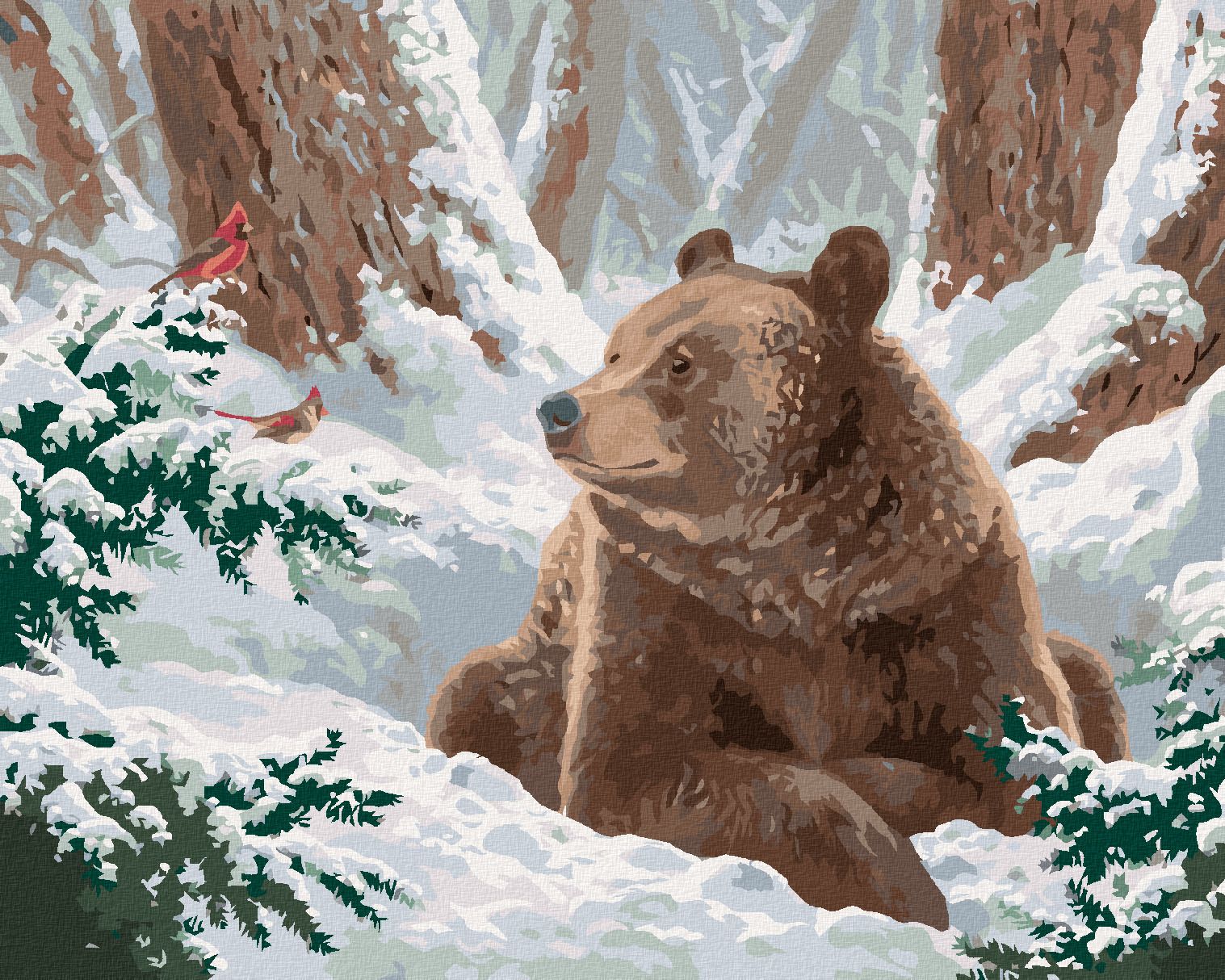 zuty Malování podle čísel - MEDVĚD A PTÁK KARDINÁL VE SNĚHU (ABRAHAM HUNTER) - Rozměr: 40x50 cm, Rámování: Varianta: vypnuté plátno na rám - obrázek 1