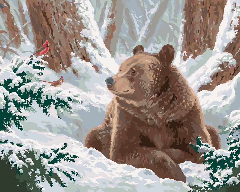 zuty Malování podle čísel - MEDVĚD A PTÁK KARDINÁL VE SNĚHU (ABRAHAM HUNTER) - Rozměr: 40x50 cm, Rámování: Varianta: vypnuté plátno na rám - obrázek 5