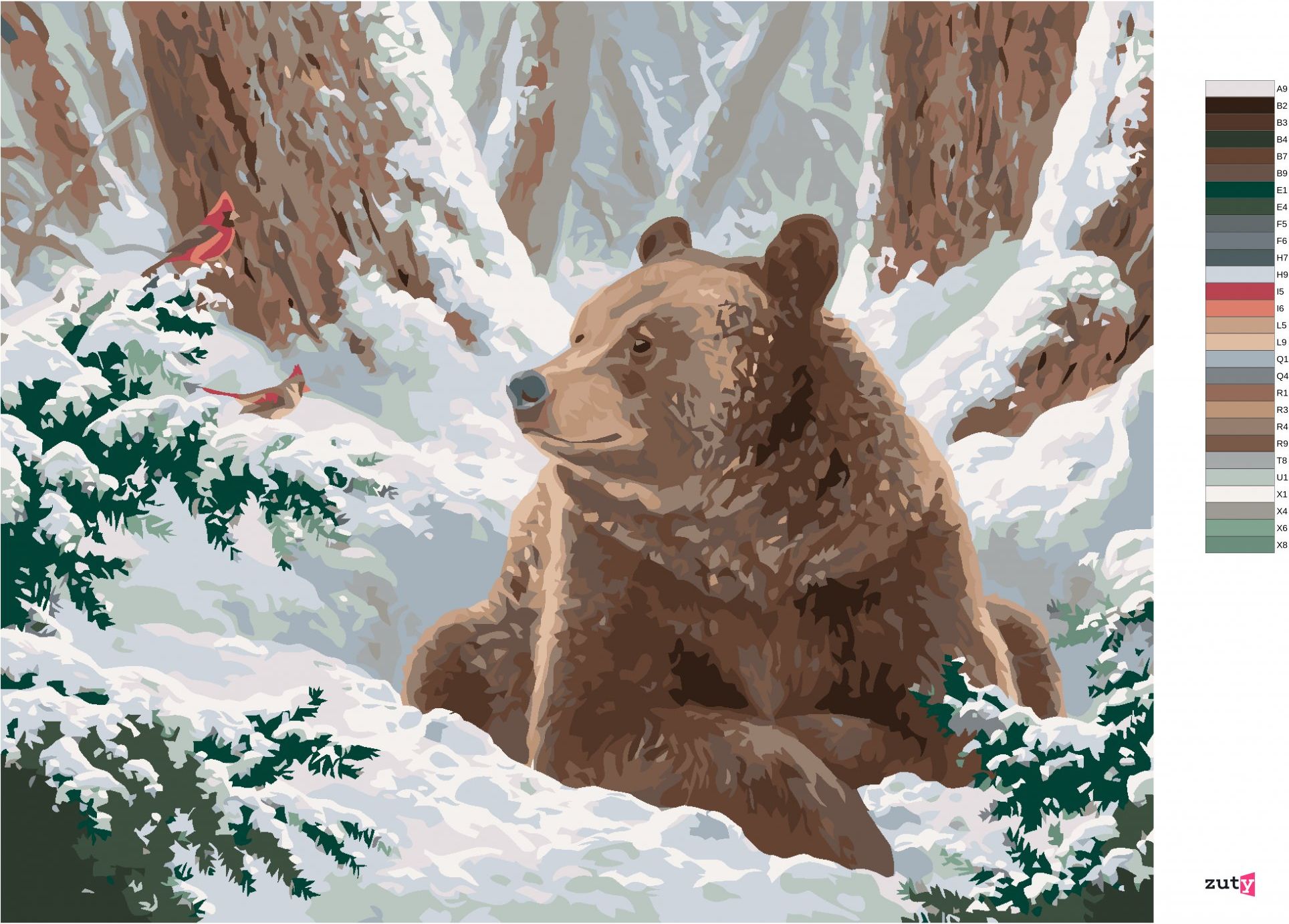 zuty Malování podle čísel - MEDVĚD A PTÁK KARDINÁL VE SNĚHU (ABRAHAM HUNTER) - Rozměr: 40x50 cm, Rámování: Varianta: vypnuté plátno na rám - obrázek 6