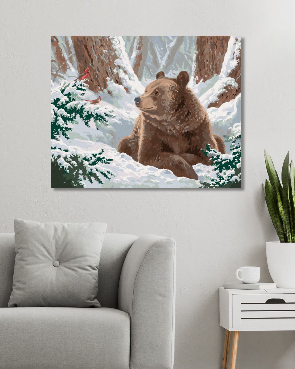 zuty Malování podle čísel - MEDVĚD A PTÁK KARDINÁL VE SNĚHU (ABRAHAM HUNTER) - Rozměr: 40x50 cm, Rámování: Varianta: vypnuté plátno na rám - obrázek 7