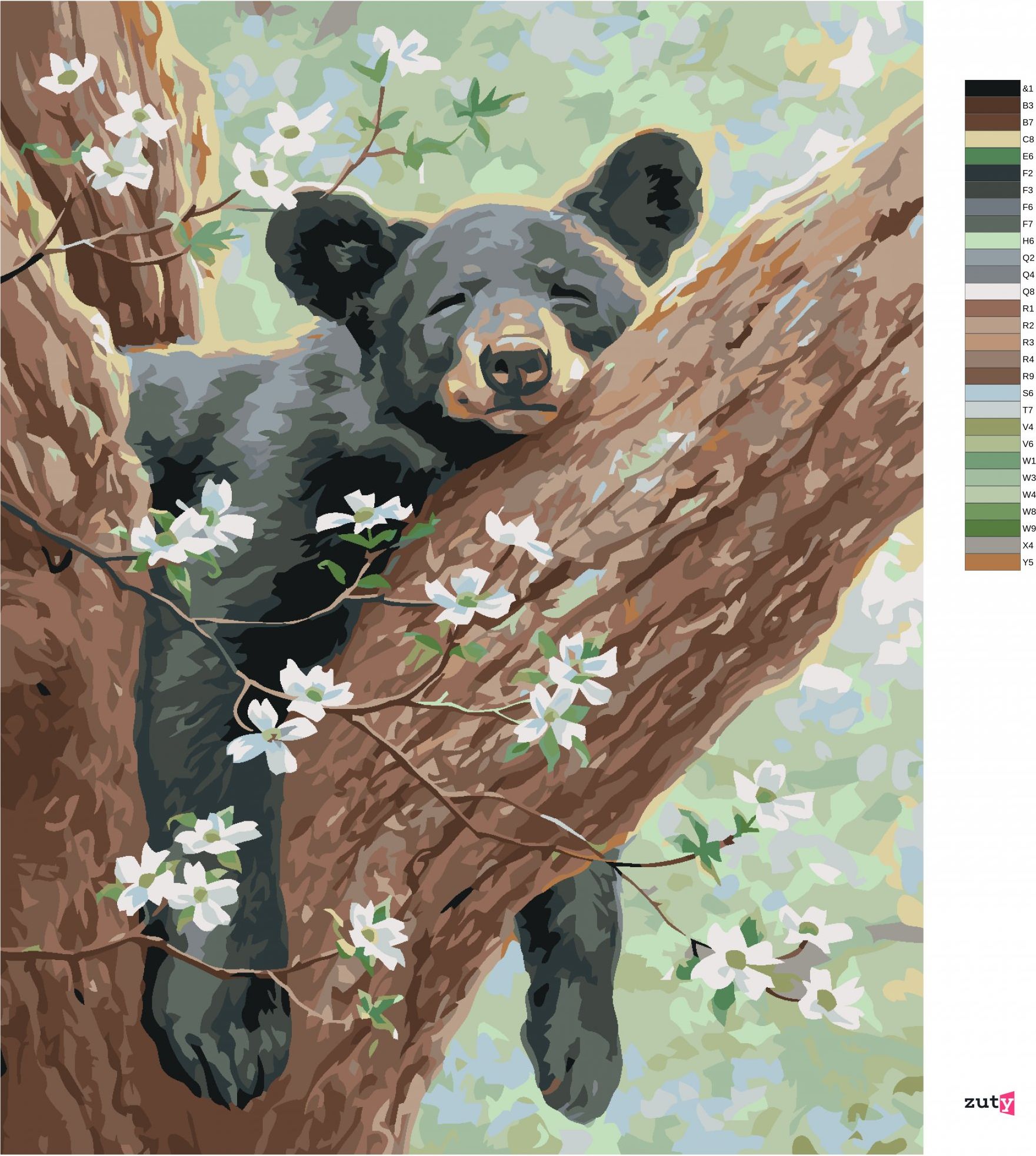 zuty Malování podle čísel - SPÍCÍ MLÁDĚ MEDVĚDA NA ROZKVETLÉ VĚTVI (ABRAHAM HUNTER) - Rozměr: 40x50 cm, Rámování: Varianta: bez rámu a bez vypnutí plátna - obrázek 2