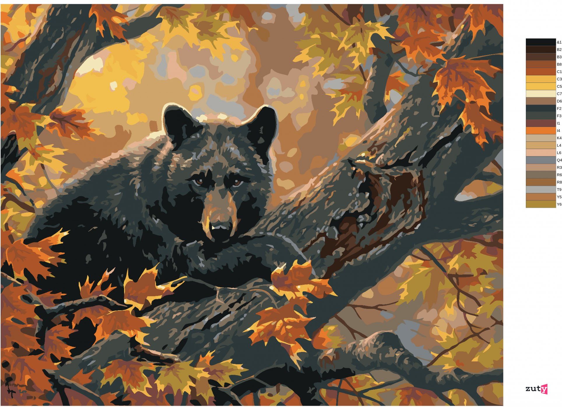 zuty Malování podle čísel - ČERNÝ MEDVĚD NA VĚTVI A PODZIMNÍ LISTÍ (ABRAHAM HUNTER) - Rozměr: 40x50 cm, Rámování: Varianta: bez rámu a bez vypnutí plátna - obrázek 10