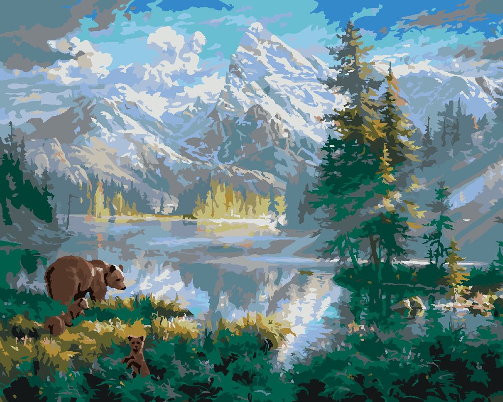 zuty Malování podle čísel - MEDVĚD S MLÁĎATY, JEZERO A HORY (ABRAHAM HUNTER) - Rozměr: 40x50 cm, Rámování: Varianta: bez rámu a bez vypnutí plátna - obrázek 5
