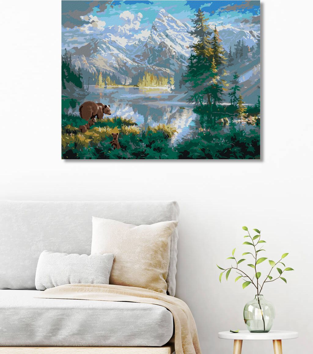 zuty Malování podle čísel - MEDVĚD S MLÁĎATY, JEZERO A HORY (ABRAHAM HUNTER) - Rozměr: 40x50 cm, Rámování: Varianta: bez rámu a bez vypnutí plátna - obrázek 9
