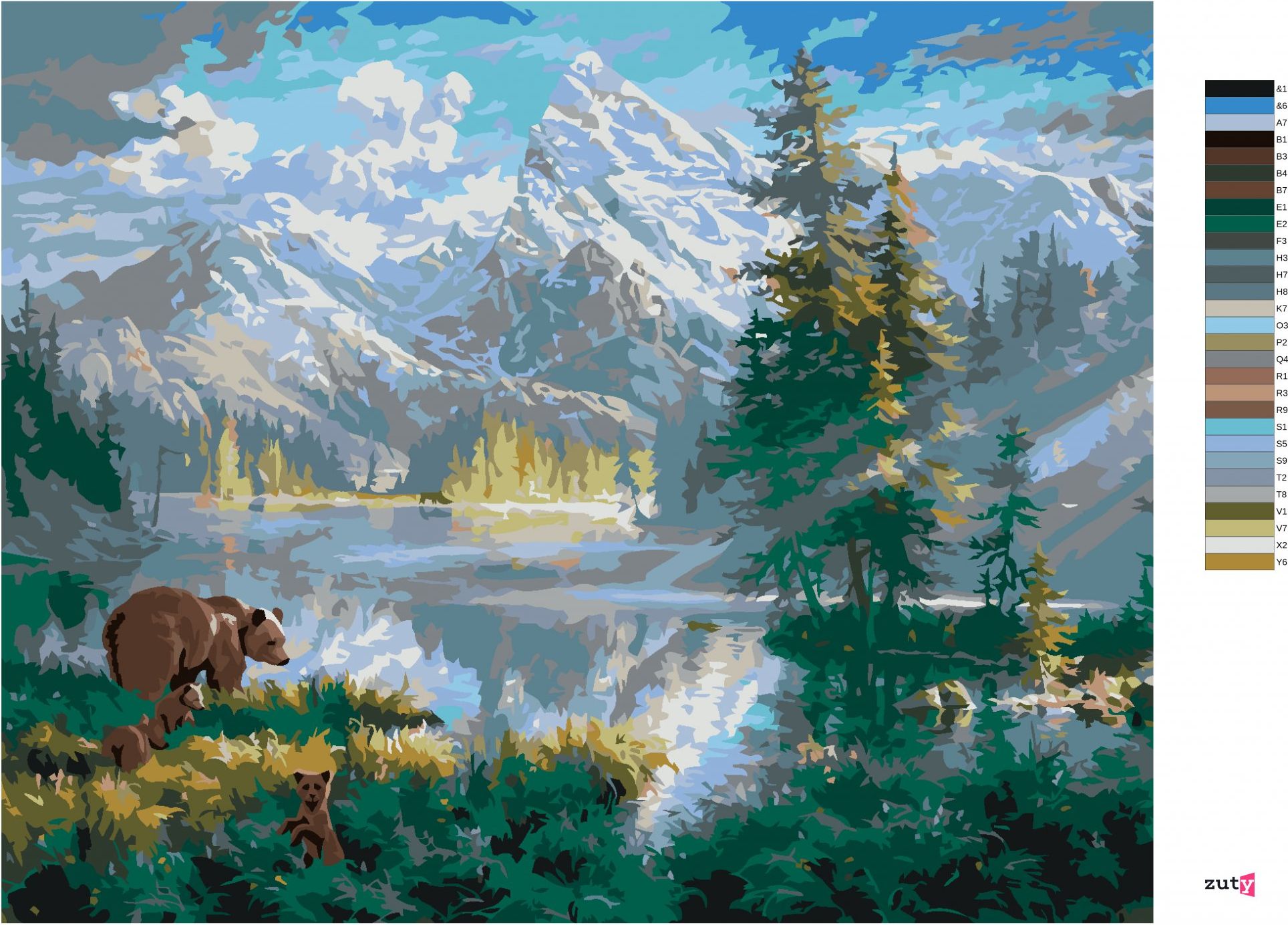 zuty Malování podle čísel - MEDVĚD S MLÁĎATY, JEZERO A HORY (ABRAHAM HUNTER) - Rozměr: 40x50 cm, Rámování: Varianta: bez rámu a bez vypnutí plátna - obrázek 10