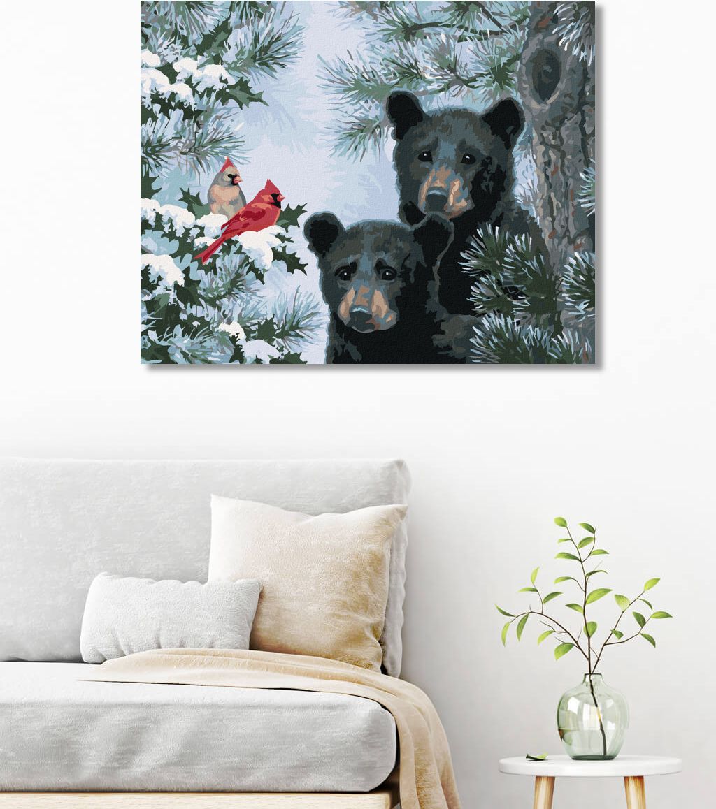 zuty Malování podle čísel - MLÁĎATA MEDVĚDA A PTÁK KARDINÁL V ZIMĚ (ABRAHAM HUNTER) - Rozměr: 40x50 cm, Rámování: Varianta: vypnuté plátno na rám - obrázek 3