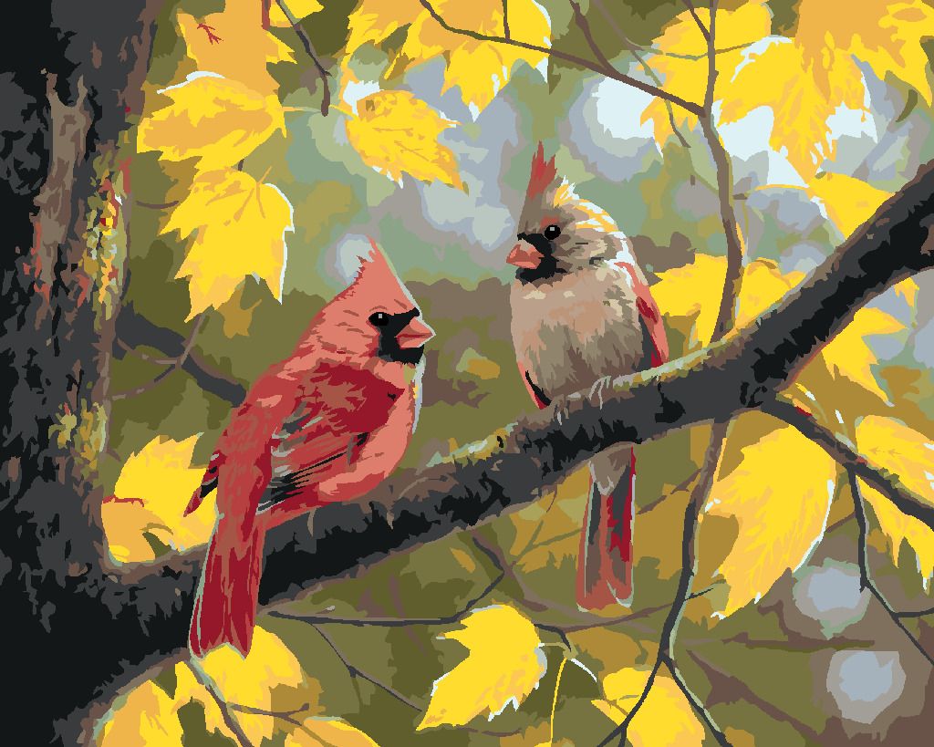 zuty Malování podle čísel - PTÁK KARDINÁL A PODZIM (ABRAHAM HUNTER) - Rozměr: 40x50 cm, Rámování: Varianta: bez rámu a bez vypnutí plátna - obrázek 2