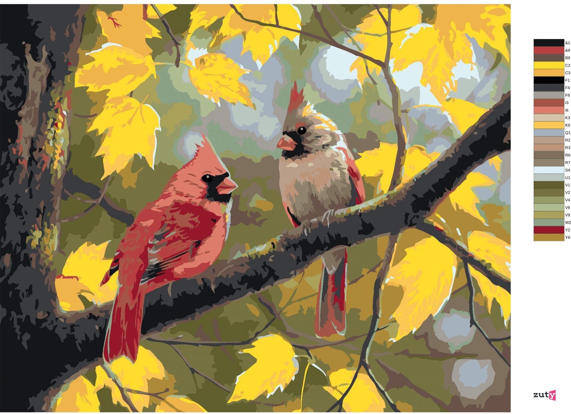 zuty Malování podle čísel - PTÁK KARDINÁL A PODZIM (ABRAHAM HUNTER) - Rozměr: 40x50 cm, Rámování: Varianta: bez rámu a bez vypnutí plátna - obrázek 4