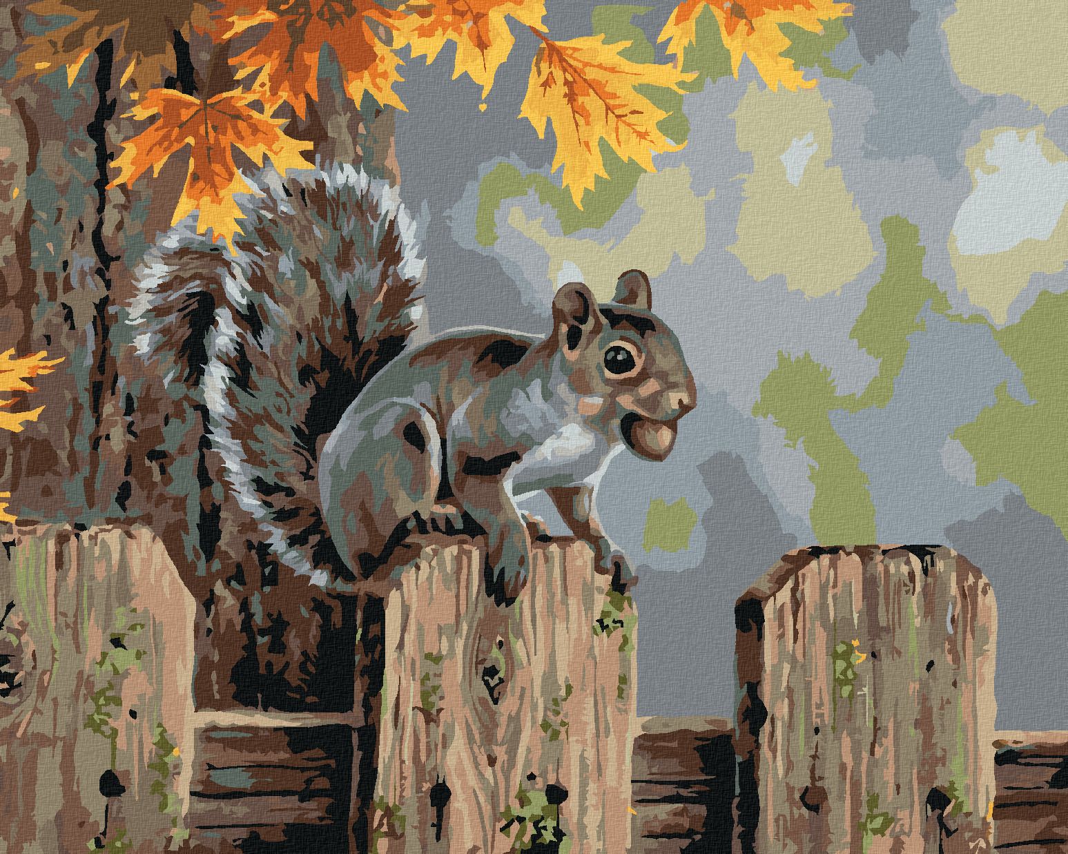 zuty Malování podle čísel - VEVERKA S ŽALUDEM NA PLOTĚ NA PODZIM (ABRAHAM HUNTER) - Rozměr: 40x50 cm, Rámování: Varianta: vypnuté plátno na rám - obrázek 1