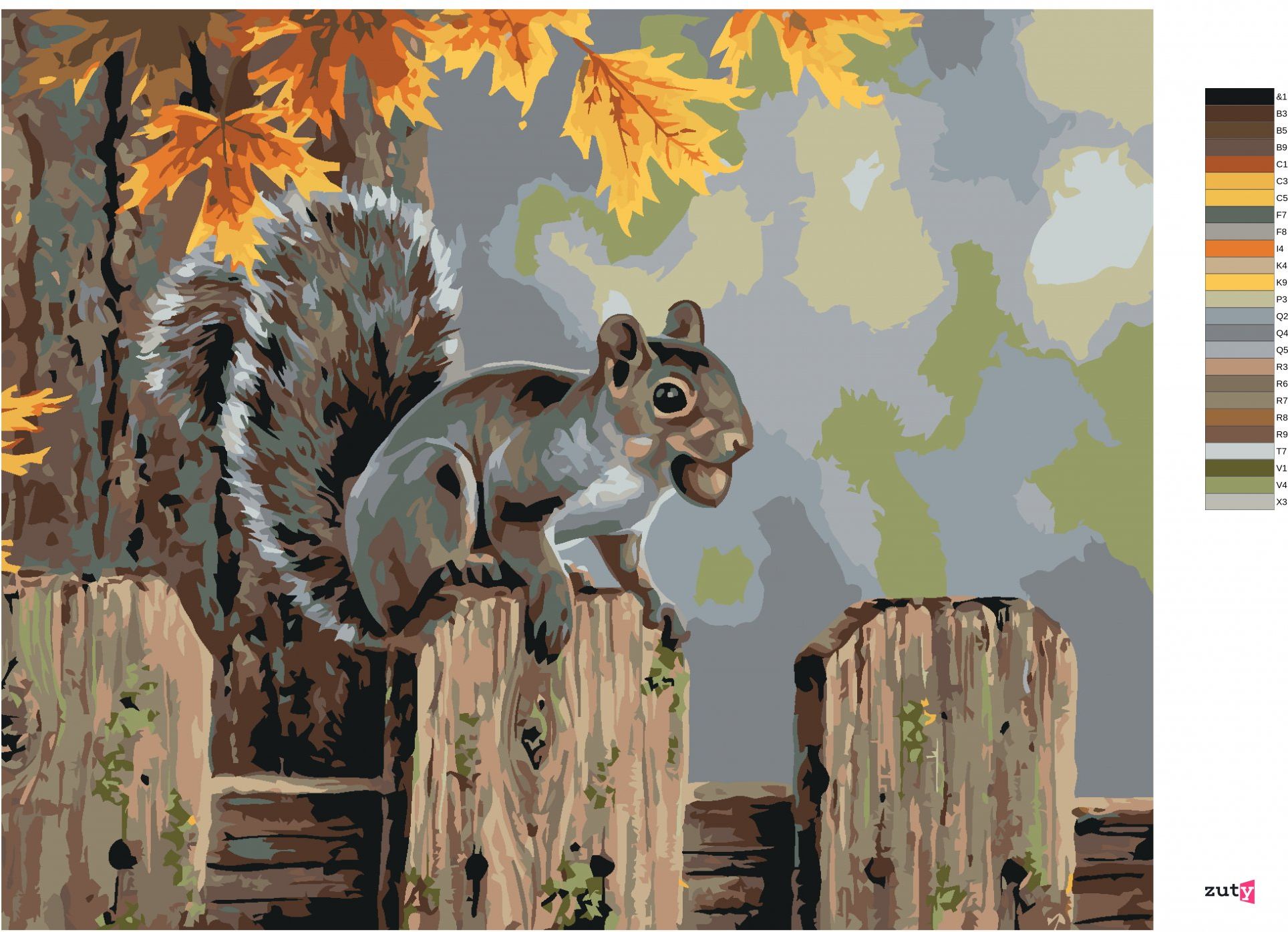 zuty Malování podle čísel - VEVERKA S ŽALUDEM NA PLOTĚ NA PODZIM (ABRAHAM HUNTER) - Rozměr: 40x50 cm, Rámování: Varianta: vypnuté plátno na rám - obrázek 3