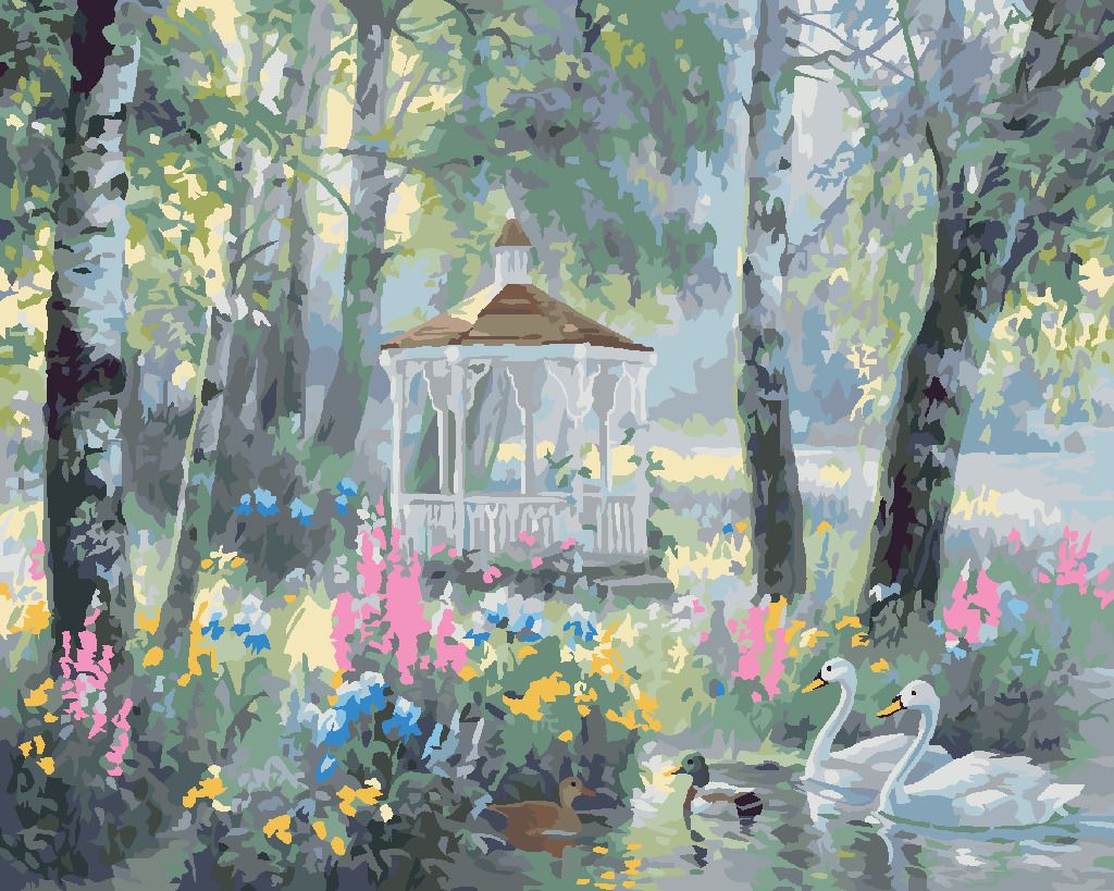 zuty Malování podle čísel - ALTÁNEK, LABUTĚ A KACHNY NA JEZEŘE A BŘÍZY (ABRAHAM HUNTER) - Rozměr: 40x50 cm, Rámování: Varianta: bez rámu a bez vypnutí plátna - obrázek 8