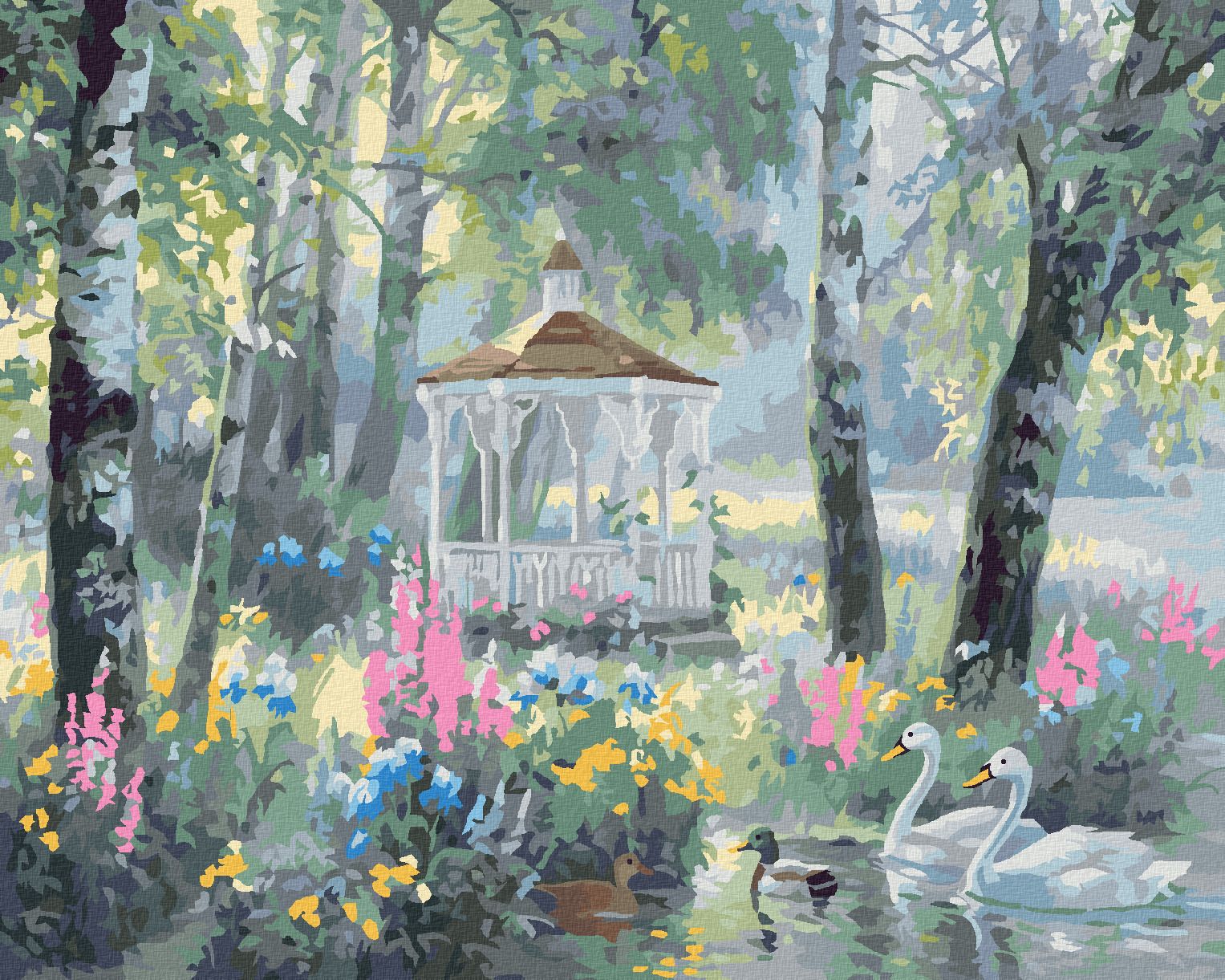 zuty Malování podle čísel - ALTÁNEK, LABUTĚ A KACHNY NA JEZEŘE A BŘÍZY (ABRAHAM HUNTER) - Rozměr: 40x50 cm, Rámování: Varianta: vypnuté plátno na rám - obrázek 1