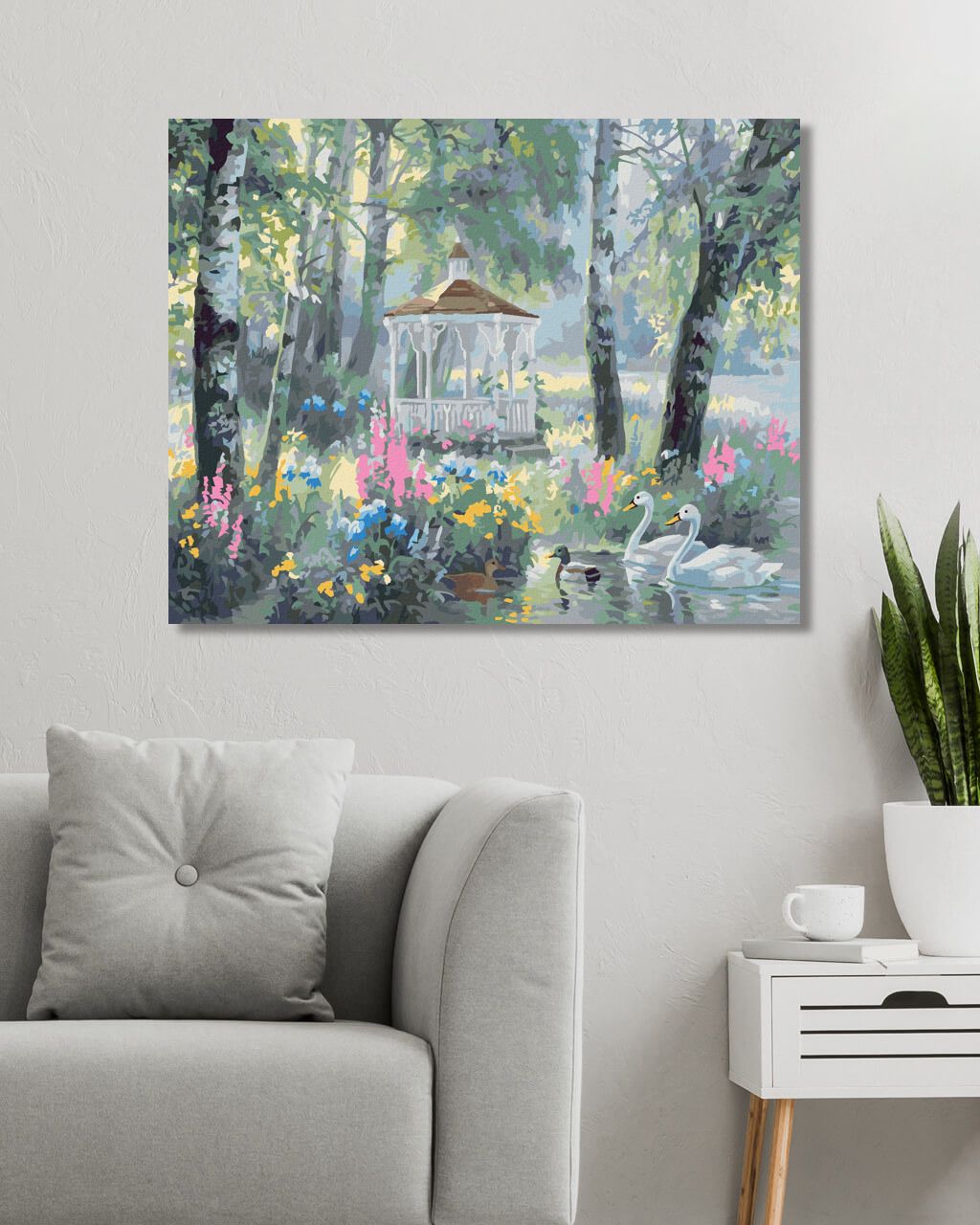 zuty Malování podle čísel - ALTÁNEK, LABUTĚ A KACHNY NA JEZEŘE A BŘÍZY (ABRAHAM HUNTER) - Rozměr: 40x50 cm, Rámování: Varianta: vypnuté plátno na rám - obrázek 2