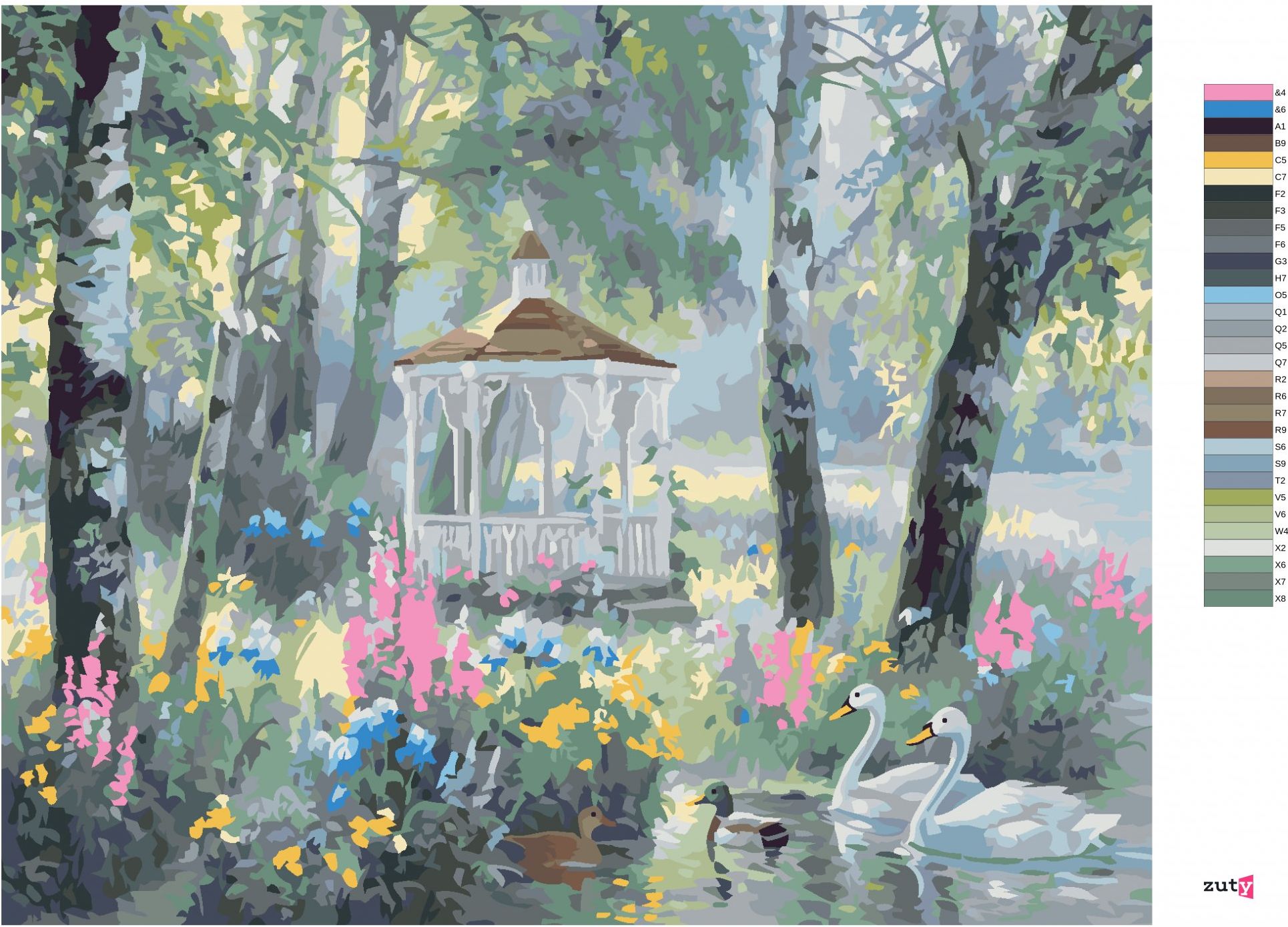 zuty Malování podle čísel - ALTÁNEK, LABUTĚ A KACHNY NA JEZEŘE A BŘÍZY (ABRAHAM HUNTER) - Rozměr: 40x50 cm, Rámování: Varianta: vypnuté plátno na rám - obrázek 6