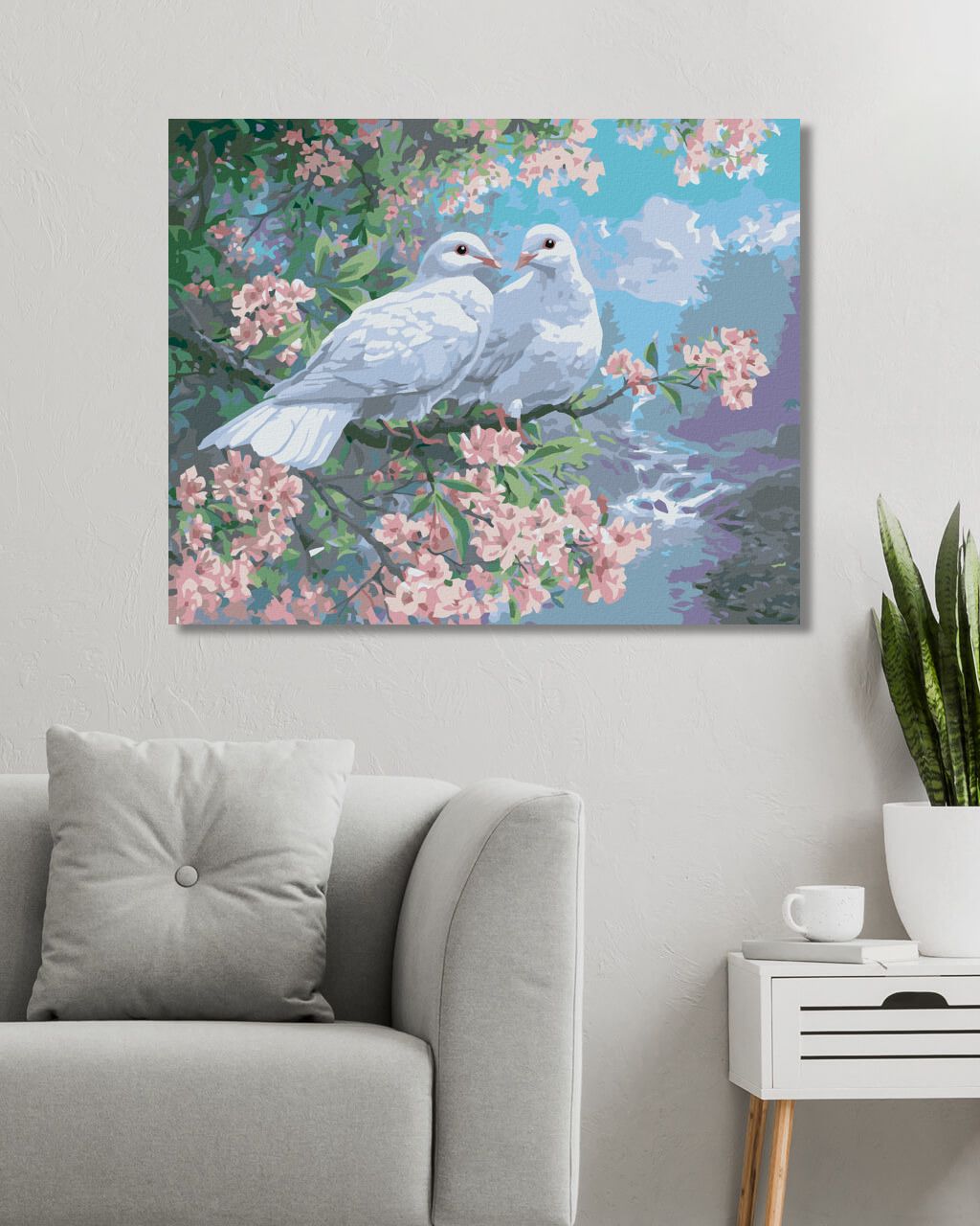 zuty Malování podle čísel - BÍLÉ HOLUBICE NA ROZKVETLÉ VĚTVI A ŘEKA (ABRAHAM HUNTER) - Rozměr: 40x50 cm, Rámování: Varianta: bez rámu a bez vypnutí plátna - obrázek 3