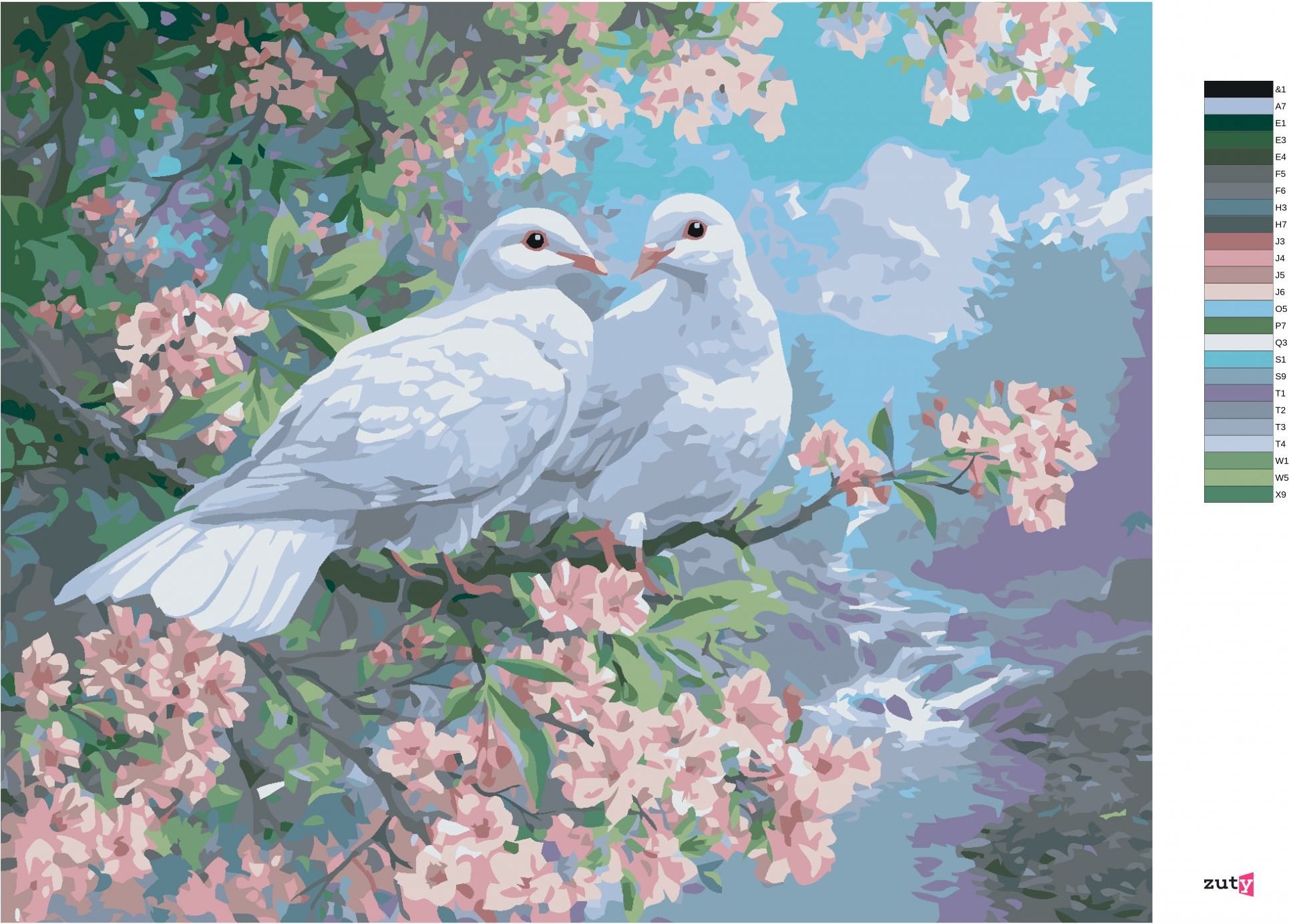 zuty Malování podle čísel - BÍLÉ HOLUBICE NA ROZKVETLÉ VĚTVI A ŘEKA (ABRAHAM HUNTER) - Rozměr: 40x50 cm, Rámování: Varianta: bez rámu a bez vypnutí plátna - obrázek 9