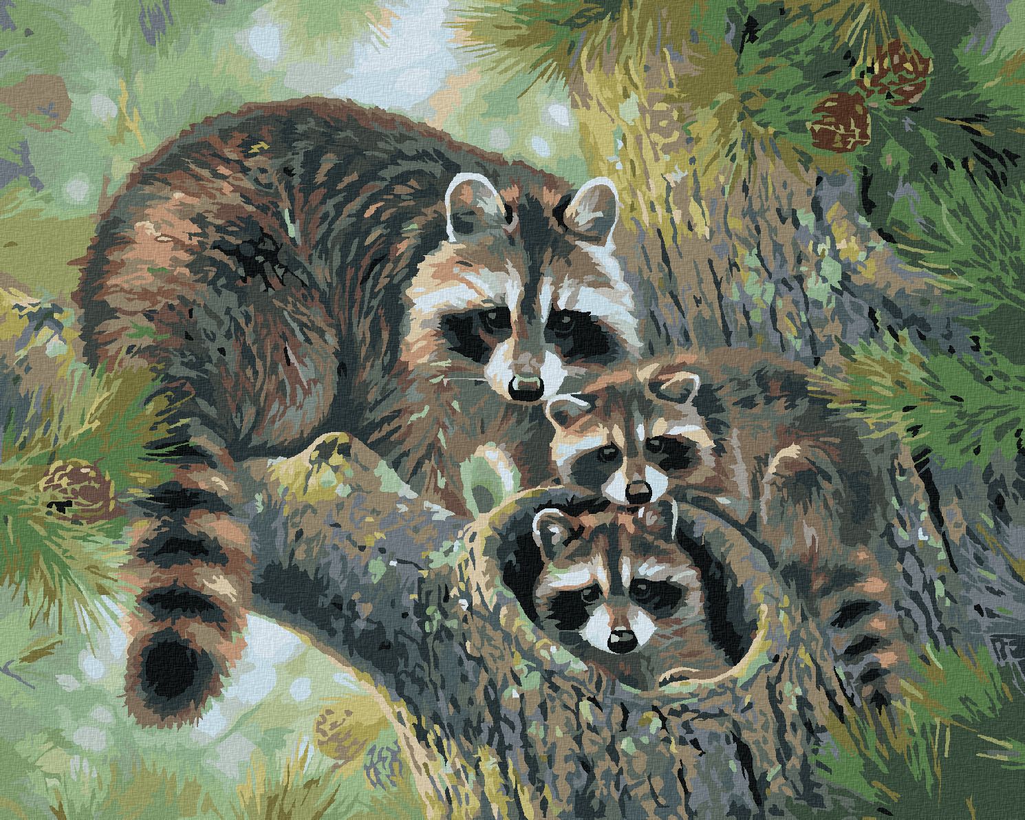 zuty Malování podle čísel - MÝVAL S MLÁĎATY NA JEHLIČNATÉM STROMĚ (ABRAHAM HUNTER) - Rozměr: 40x50 cm, Rámování: Varianta: vypnuté plátno na rám - obrázek 1