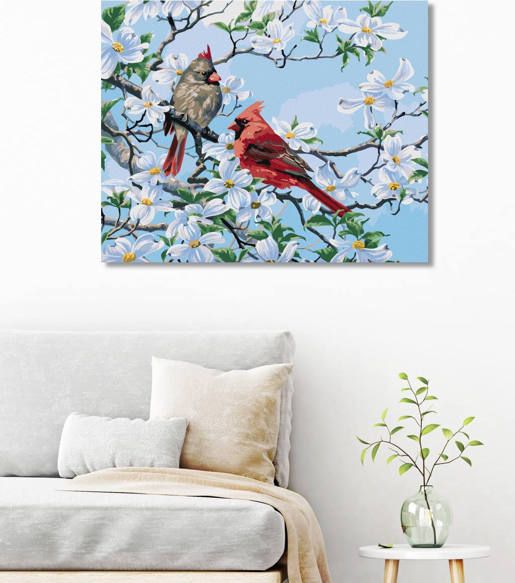 zuty Malování podle čísel - PTÁK KARDINÁL NA ROZKVETLÉ VĚTVI NA JAŘE (ABRAHAM HUNTER) - Rozměr: 40x50 cm, Rámování: Varianta: vypnuté plátno na rám - obrázek 7