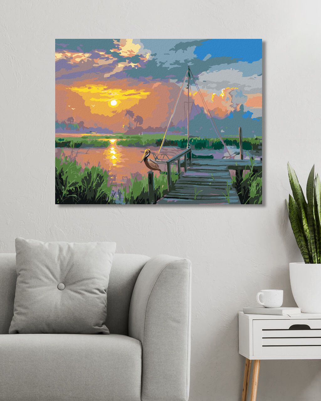zuty Malování podle čísel - PELIKÁN, PLACHETNICE U MOLA A ZÁPAD SLUNCE (ABRAHAM HUNTER) - Rozměr: 40x50 cm, Rámování: Varianta: vypnuté plátno na rám - obrázek 2