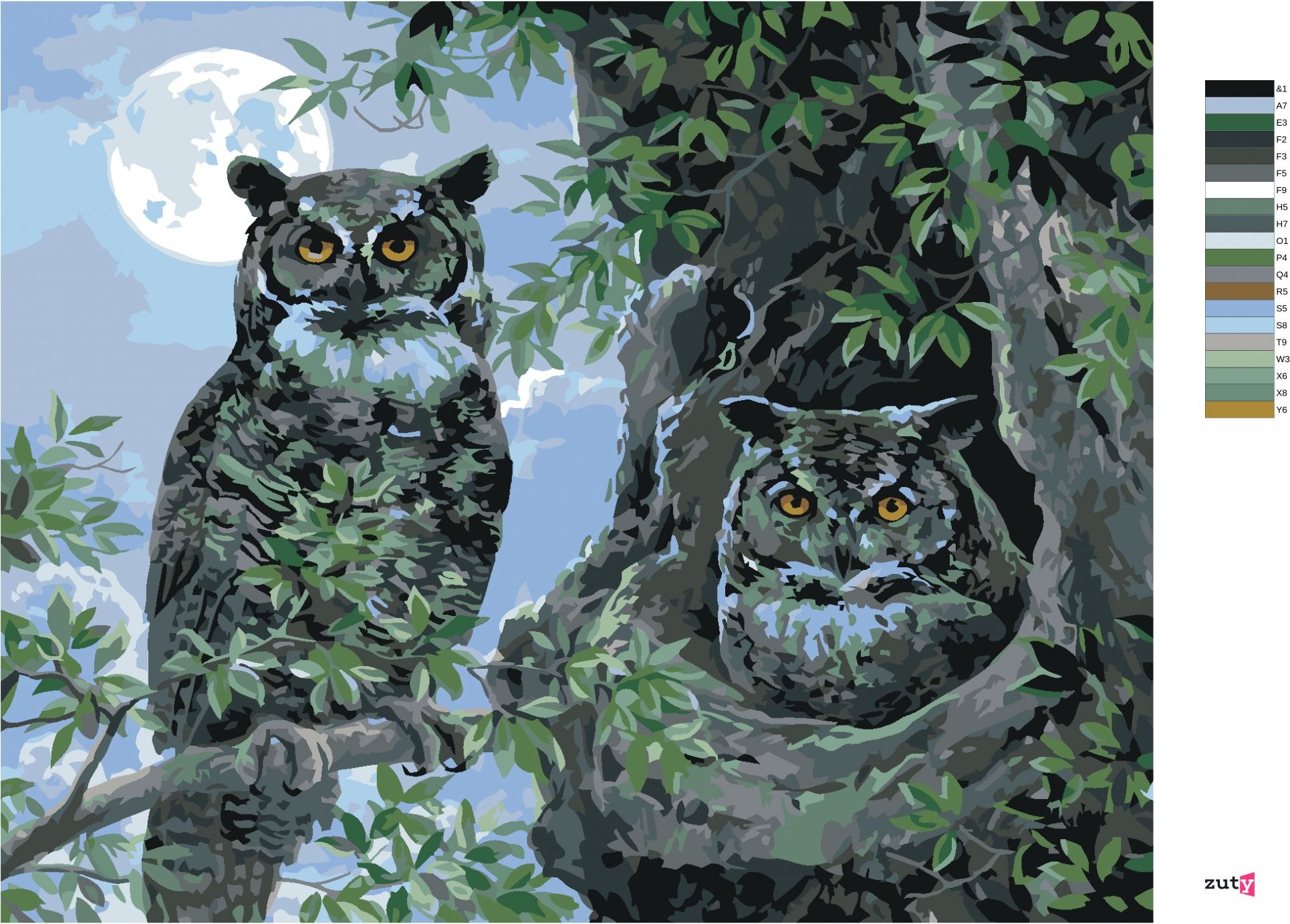 zuty Malování podle čísel - SOVA VE STROMĚ A MĚSÍC (ABRAHAM HUNTER) - Rozměr: 40x50 cm, Rámování: Varianta: bez rámu a bez vypnutí plátna - obrázek 4