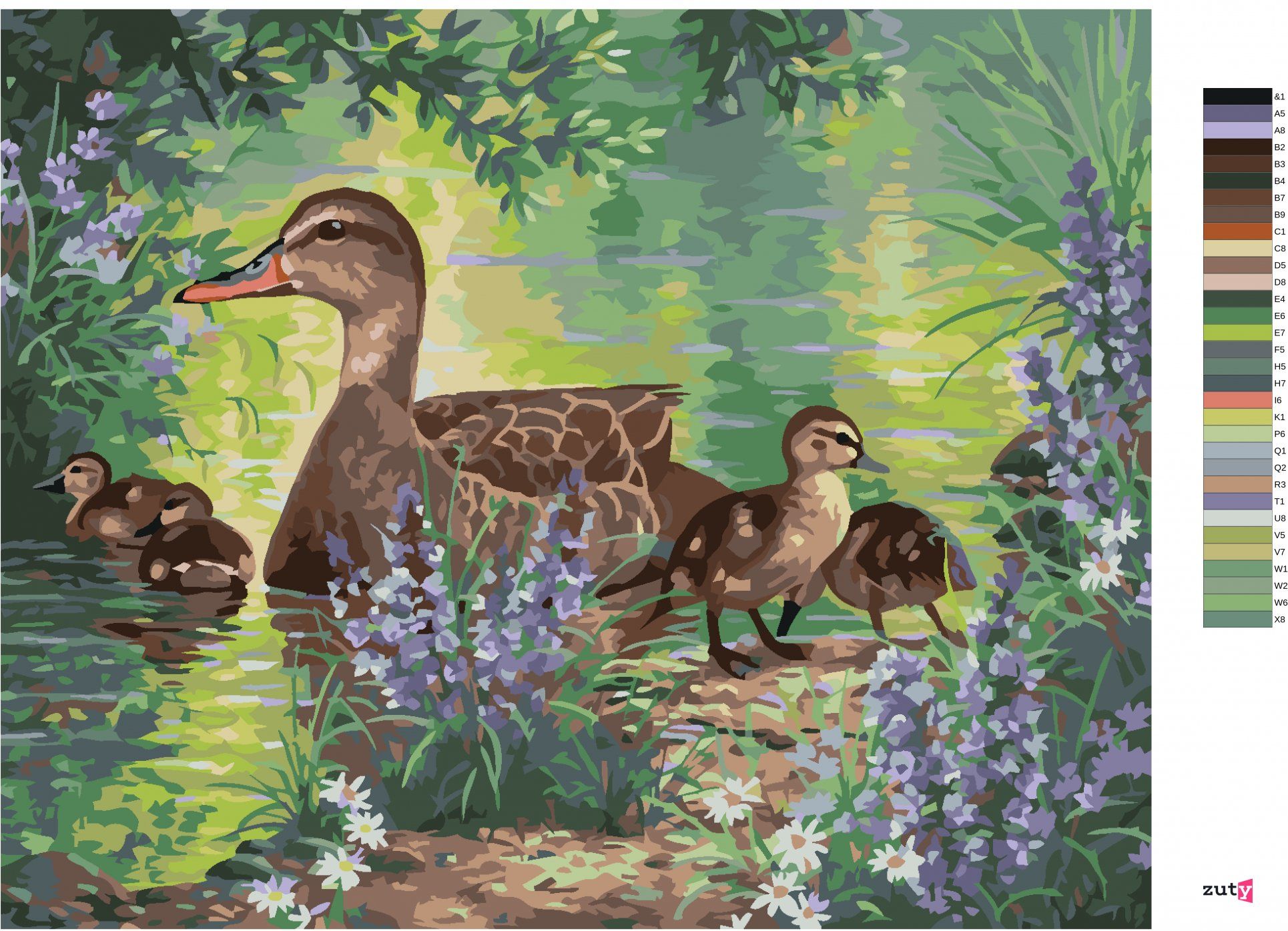 zuty Malování podle čísel - KACHNA S MLÁĎATY NA JEZEŘE A KVĚTINY (ABRAHAM HUNTER) - Rozměr: 40x50 cm, Rámování: Varianta: vypnuté plátno na rám - obrázek 2