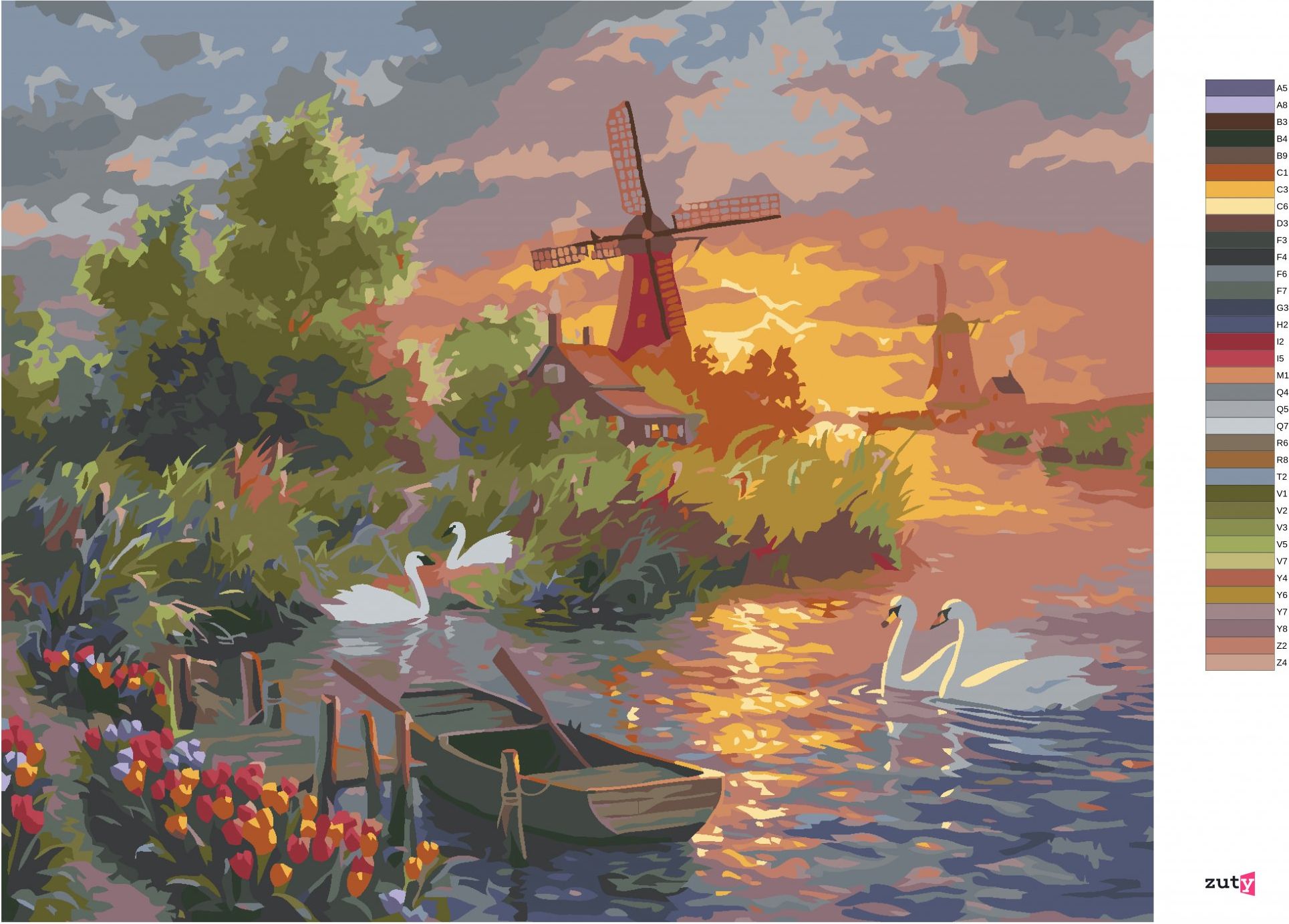 zuty Malování podle čísel - TULIPÁNY, LABUTĚ, MLÝN A ZÁPAD SLUNCE (ABRAHAM HUNTER) - Rozměr: 40x50 cm, Rámování: Varianta: bez rámu a bez vypnutí plátna - obrázek 5