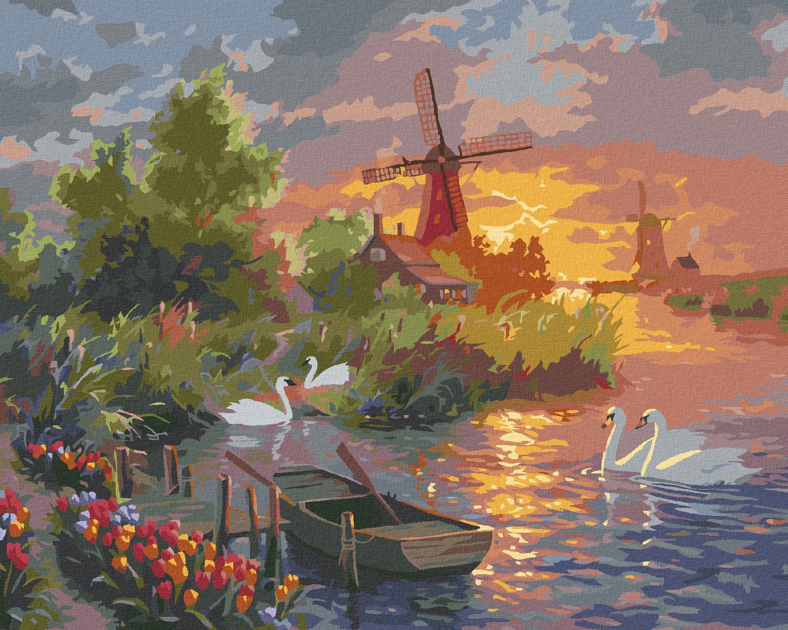 zuty Malování podle čísel - TULIPÁNY, LABUTĚ, MLÝN A ZÁPAD SLUNCE (ABRAHAM HUNTER) - Rozměr: 40x50 cm, Rámování: Varianta: vypnuté plátno na rám - obrázek 1