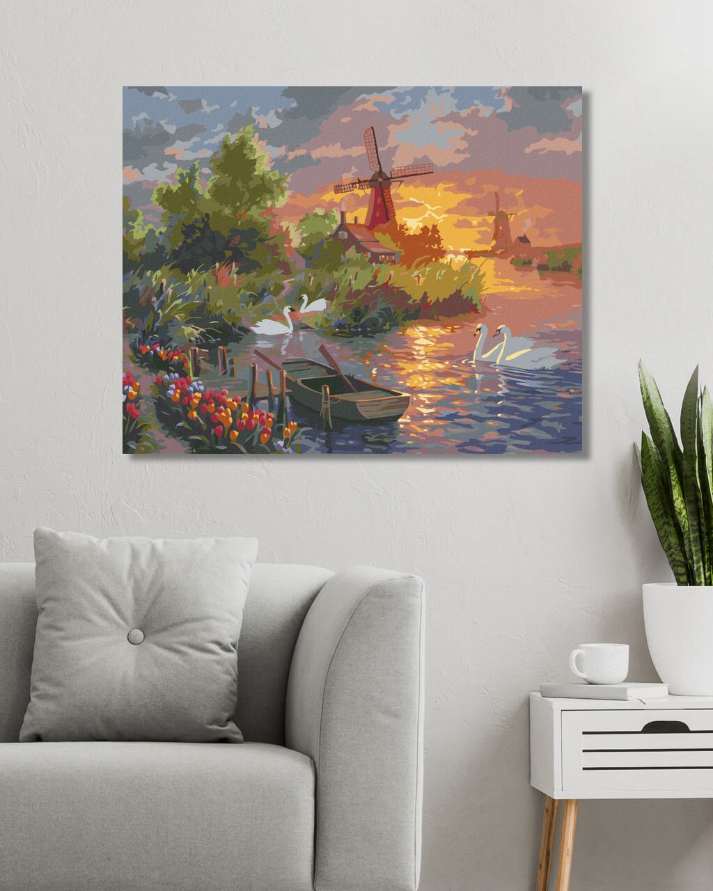 zuty Malování podle čísel - TULIPÁNY, LABUTĚ, MLÝN A ZÁPAD SLUNCE (ABRAHAM HUNTER) - Rozměr: 40x50 cm, Rámování: Varianta: vypnuté plátno na rám - obrázek 2