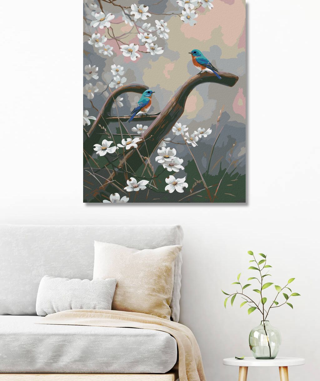 zuty Malování podle čísel - PTÁK SALAŠNÍK A ROZKVETLÉ STROMY (ABRAHAM HUNTER) - Rozměr: 40x50 cm, Rámování: Varianta: bez rámu a bez vypnutí plátna - obrázek 2