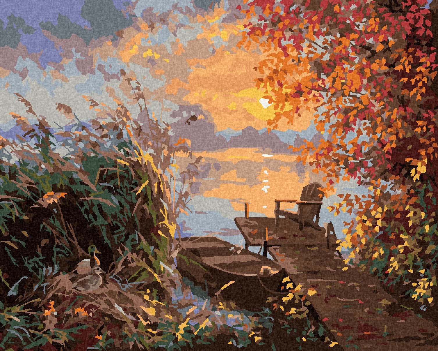 zuty Malování podle čísel - KACHNA V RÁKOSÍ, MOLO A ZÁPAD SLUNCE NA PODZIM (ABRAHAM HUNTER) - Rozměr: 40x50 cm, Rámování: Varianta: vypnuté plátno na rám - obrázek 1