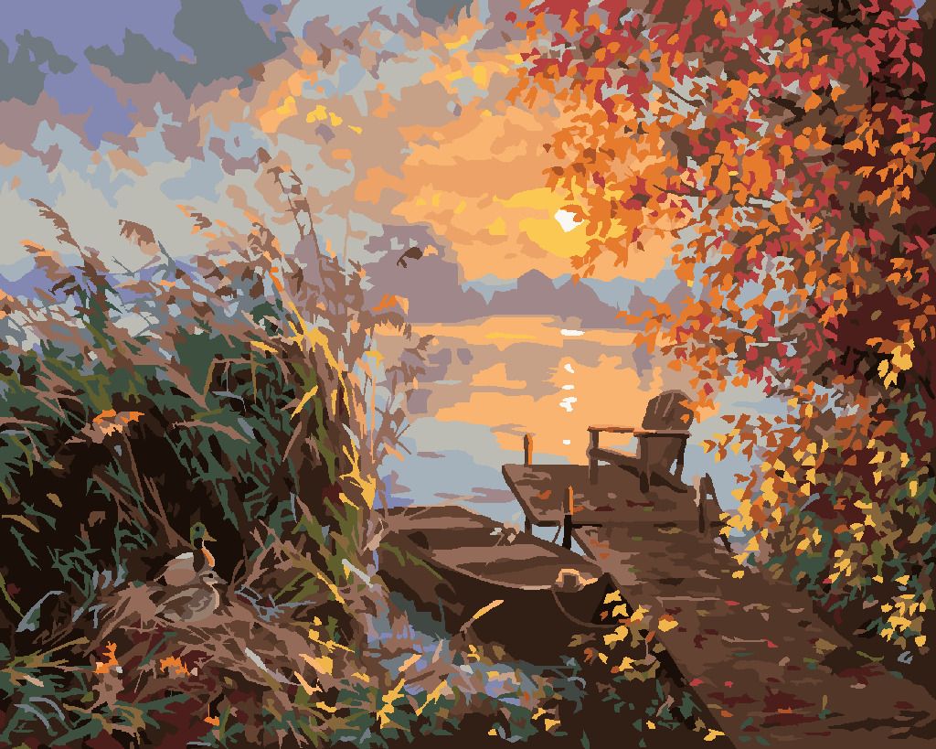 zuty Malování podle čísel - KACHNA V RÁKOSÍ, MOLO A ZÁPAD SLUNCE NA PODZIM (ABRAHAM HUNTER) - Rozměr: 40x50 cm, Rámování: Varianta: vypnuté plátno na rám - obrázek 5