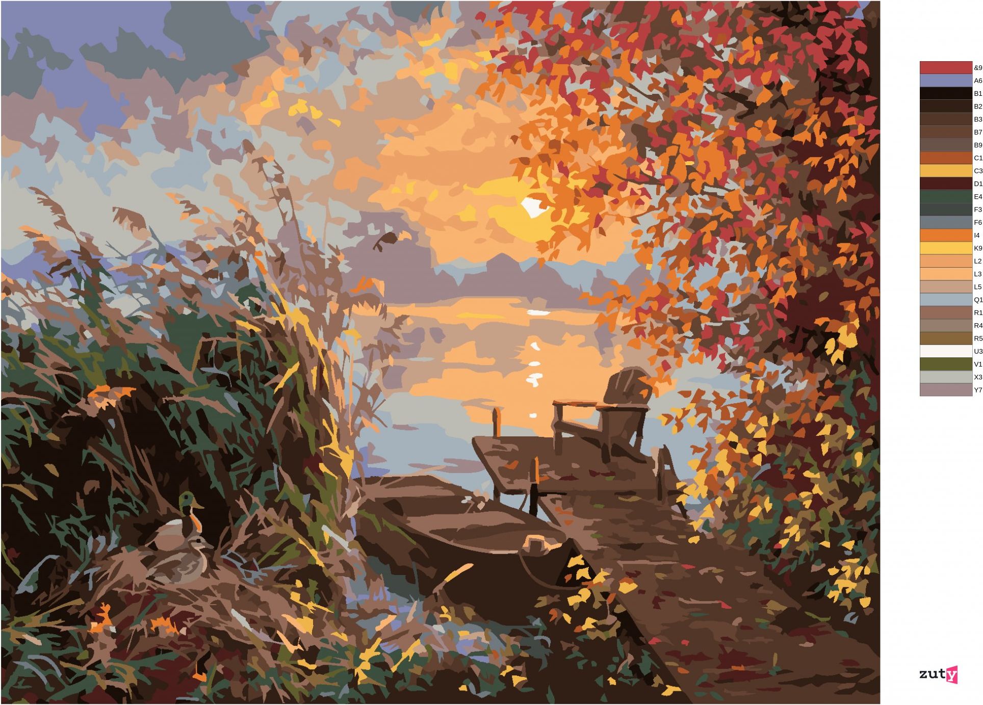 zuty Malování podle čísel - KACHNA V RÁKOSÍ, MOLO A ZÁPAD SLUNCE NA PODZIM (ABRAHAM HUNTER) - Rozměr: 40x50 cm, Rámování: Varianta: vypnuté plátno na rám - obrázek 7
