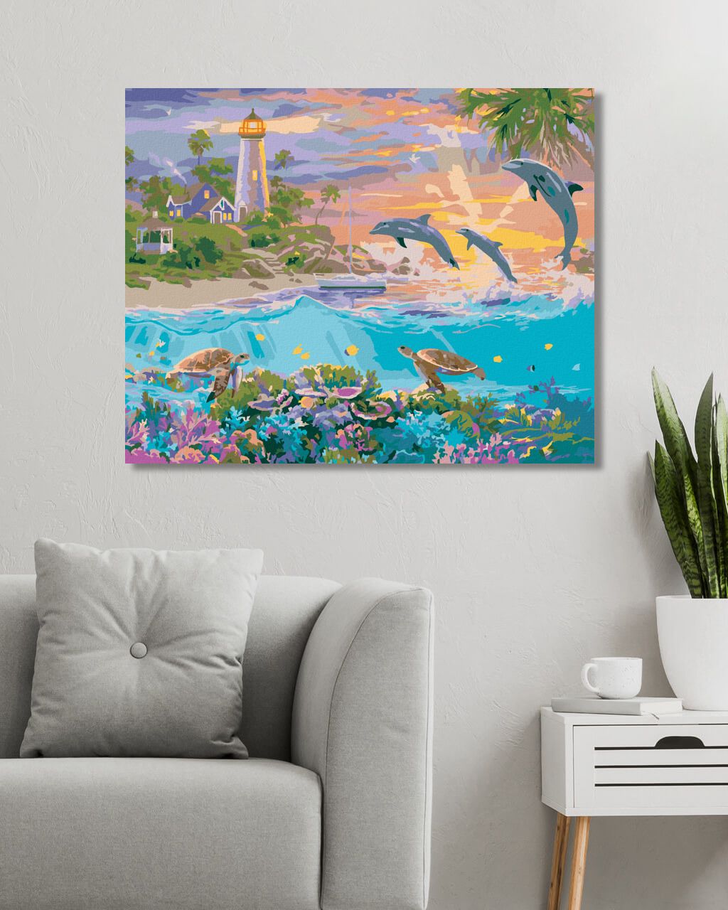 zuty Malování podle čísel - DELFÍNI, ŽELVY, MAJÁK A ZÁPAD SLUNCE (ABRAHAM HUNTER) - Rozměr: 40x50 cm, Rámování: Varianta: bez rámu a bez vypnutí plátna - obrázek 7