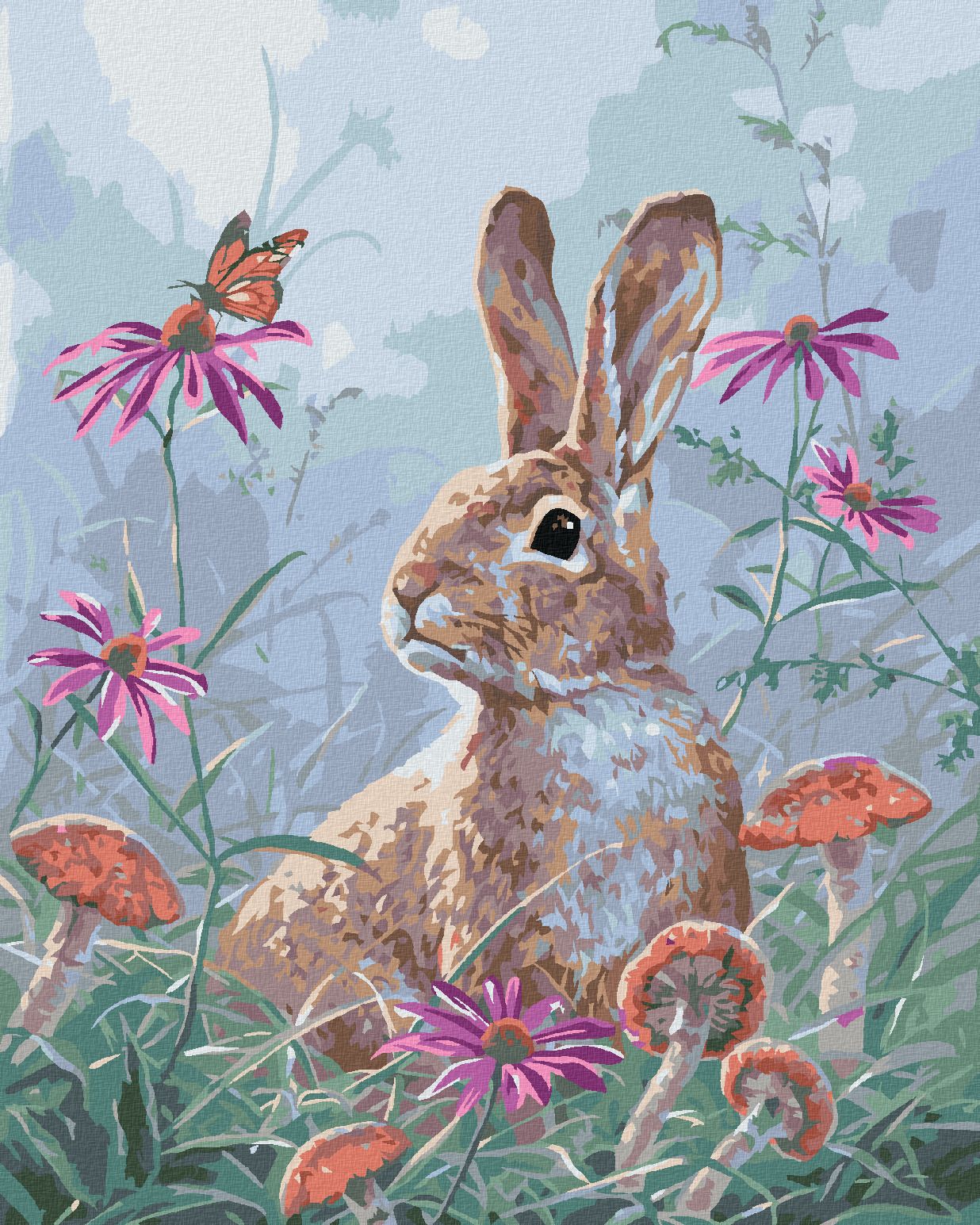zuty Malování podle čísel - ZAJÍC, MOTÝL, KVĚTINY A HOUBY (ABRAHAM HUNTER) - Rozměr: 40x50 cm, Rámování: Varianta: bez rámu a bez vypnutí plátna - obrázek 1