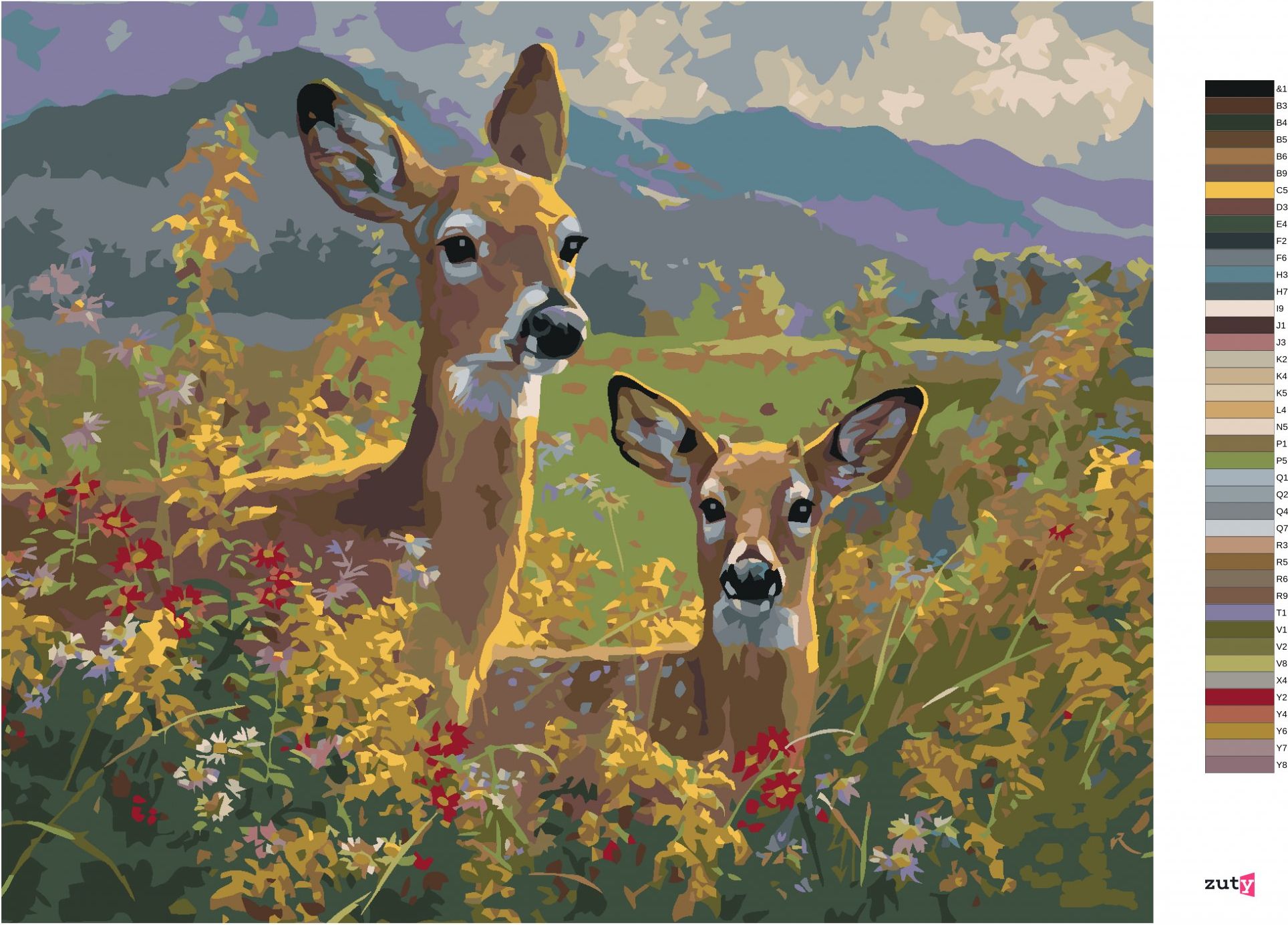 zuty Malování podle čísel - SRNA A KOLOUCH V KVÍTÍ A HORY (ABRAHAM HUNTER) - Rozměr: 40x50 cm, Rámování: Varianta: bez rámu a bez vypnutí plátna - obrázek 2