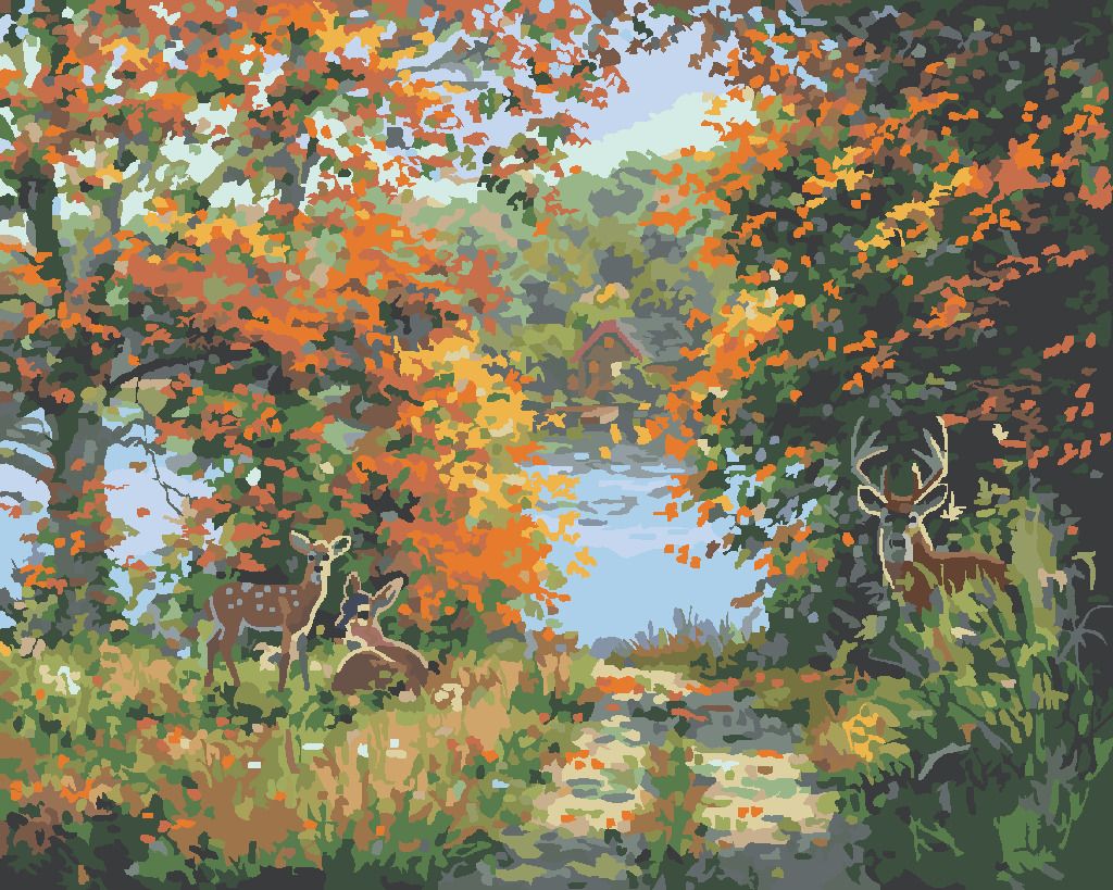 zuty Malování podle čísel - JELENNÍ RODINA U JEZERA (ABRAHAM HUNTER) - Rozměr: 40x50 cm, Rámování: Varianta: bez rámu a bez vypnutí plátna - obrázek 5