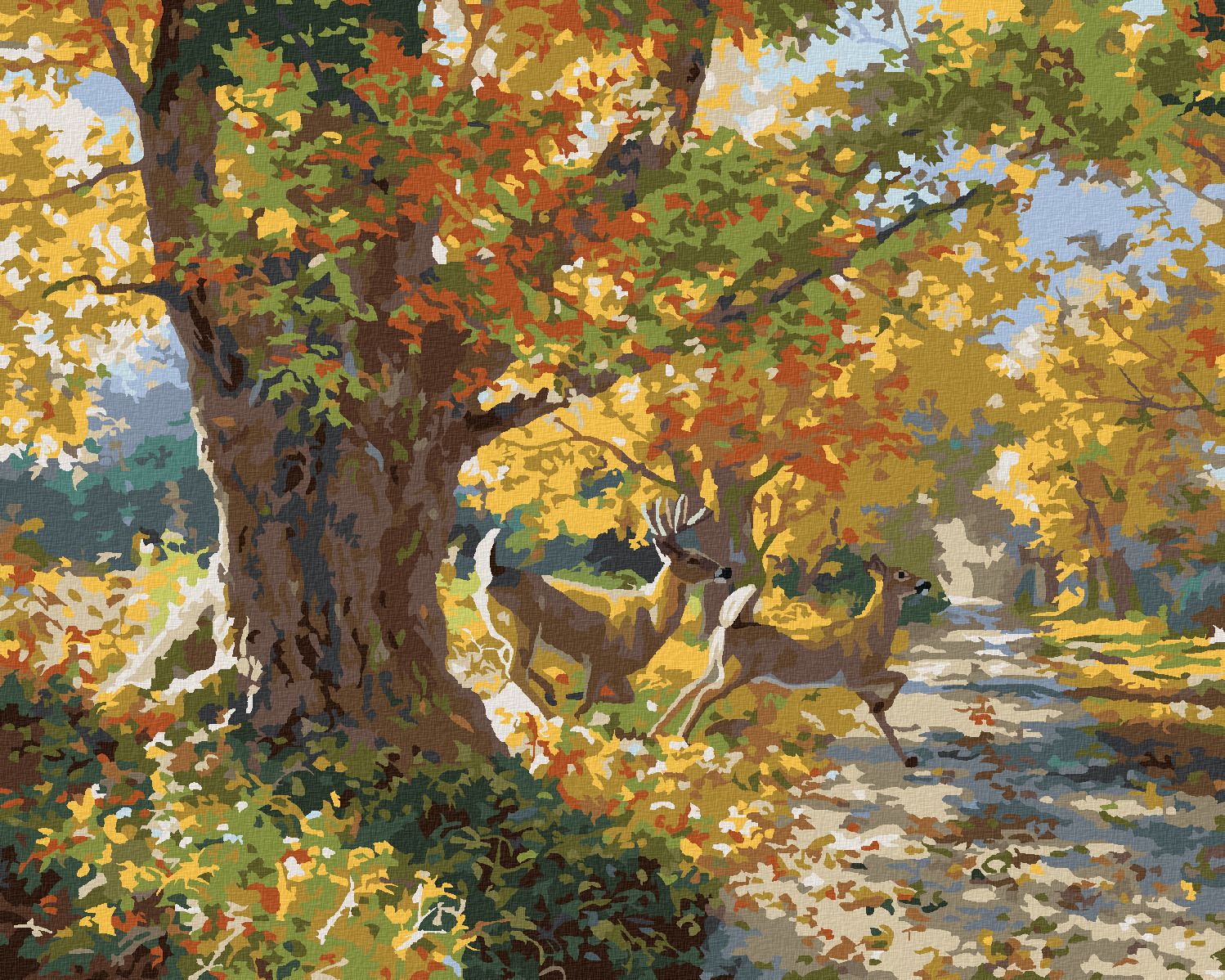 zuty Malování podle čísel - SRNEC S DRUŽKOU A PODZIMNÍ STROMY (ABRAHAM HUNTER) - Rozměr: 40x50 cm, Rámování: Varianta: vypnuté plátno na rám - obrázek 1