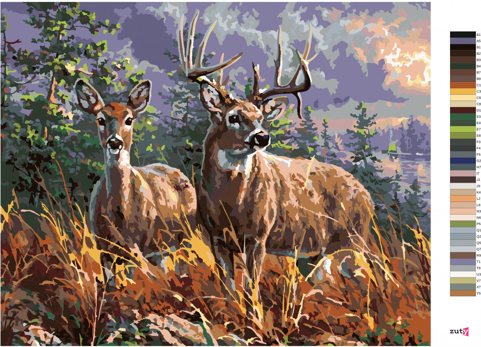zuty Malování podle čísel - JELEN S DRUŽKOU A LES (ABRAHAM HUNTER) - Rozměr: 40x50 cm, Rámování: Varianta: bez rámu a bez vypnutí plátna - obrázek 2