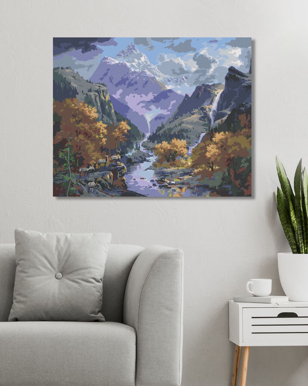 zuty Malování podle čísel - JELENNÍ STÁDO, ŘEKA, VODOPÁD A HORY (ABRAHAM HUNTER) - Rozměr: 40x50 cm, Rámování: Varianta: vypnuté plátno na rám - obrázek 3