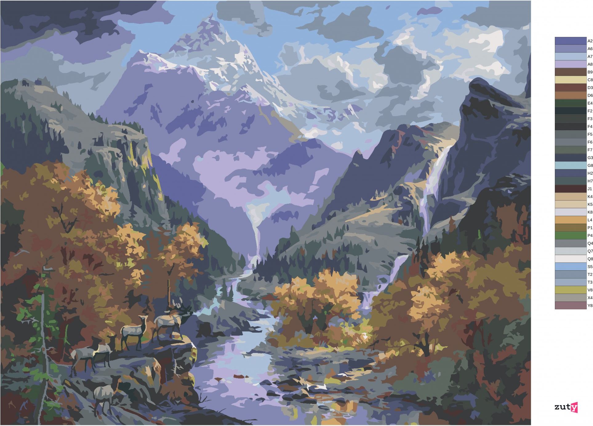 zuty Malování podle čísel - JELENNÍ STÁDO, ŘEKA, VODOPÁD A HORY (ABRAHAM HUNTER) - Rozměr: 40x50 cm, Rámování: Varianta: vypnuté plátno na rám - obrázek 7