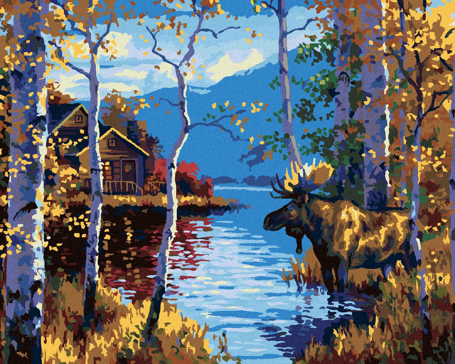 zuty Malování podle čísel - LOS MEZI BŘÍZAMI A JEZERO (ABRAHAM HUNTER) - Rozměr: 40x50 cm, Rámování: Varianta: bez rámu a bez vypnutí plátna - obrázek 1