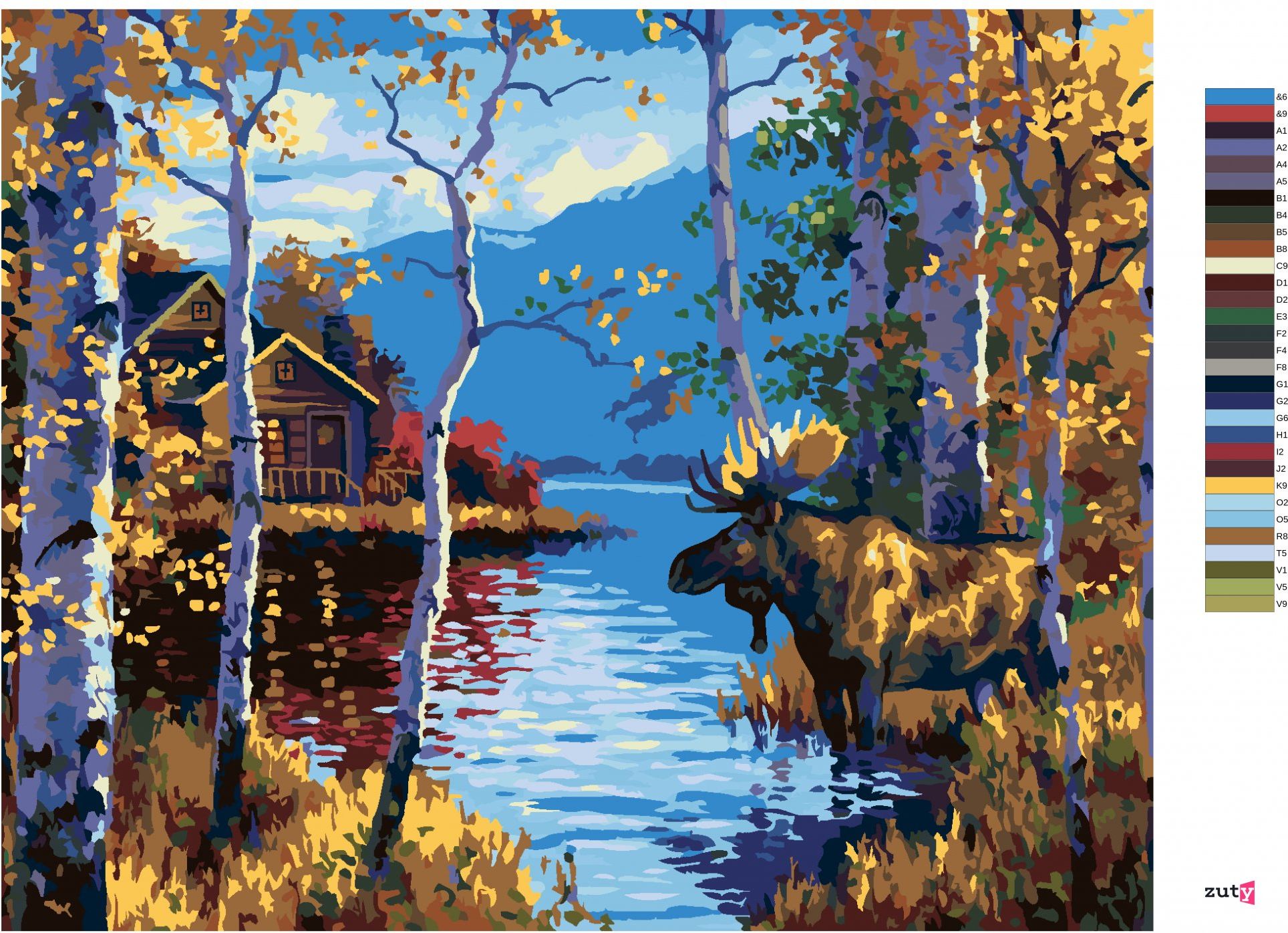 zuty Malování podle čísel - LOS MEZI BŘÍZAMI A JEZERO (ABRAHAM HUNTER) - Rozměr: 40x50 cm, Rámování: Varianta: bez rámu a bez vypnutí plátna - obrázek 10